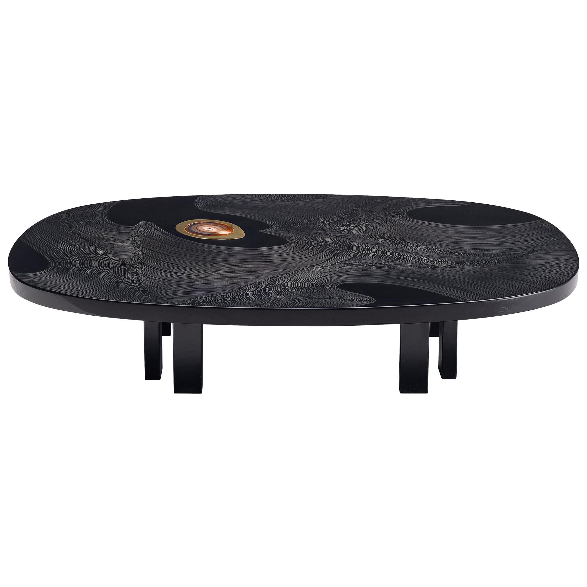 Jean Claude Dresse Coffee Table In Sculpted Black Resin Inlayed with Agate