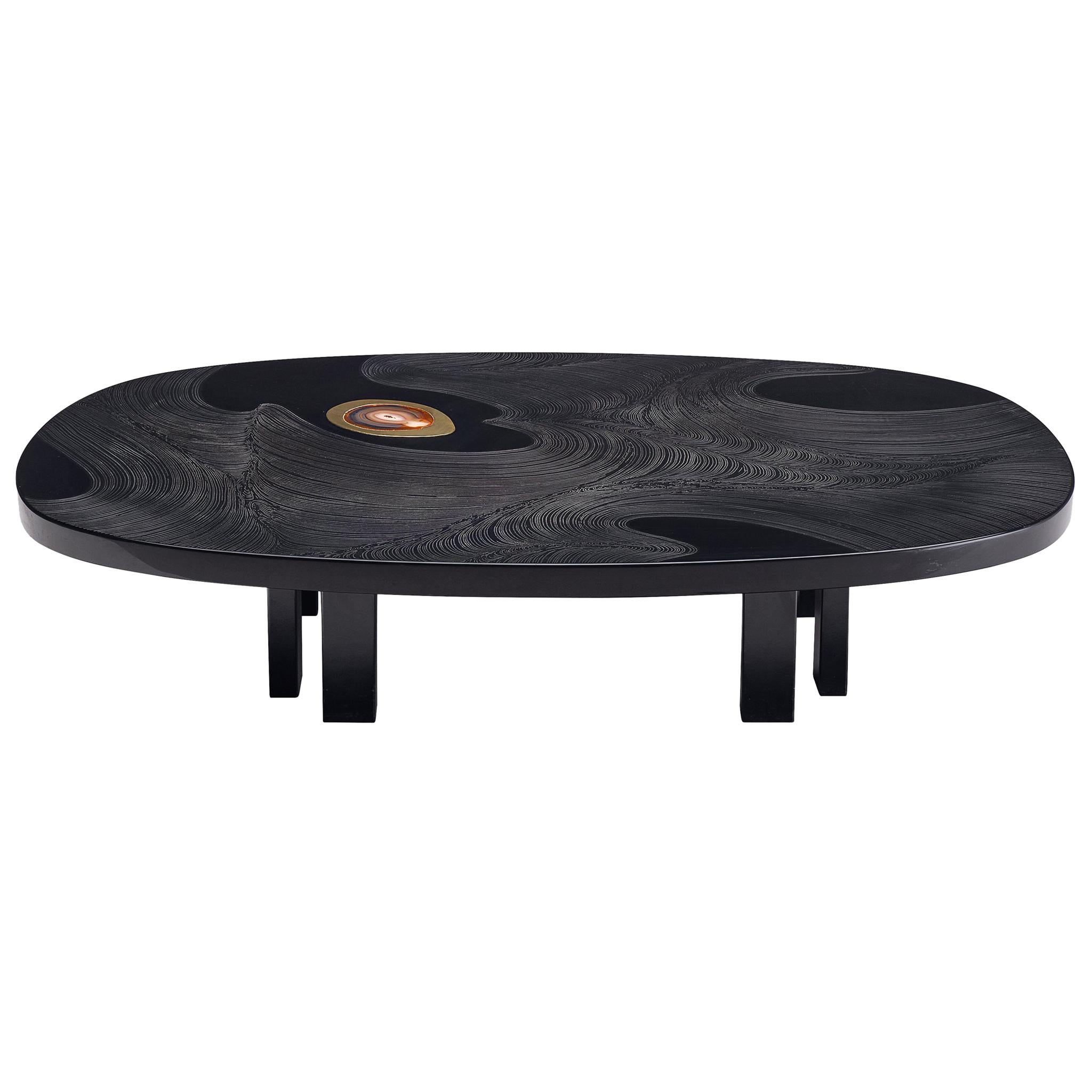 Jean Claude Dresse Luxurious Coffee Table in Black Resin Inlaid with Agate