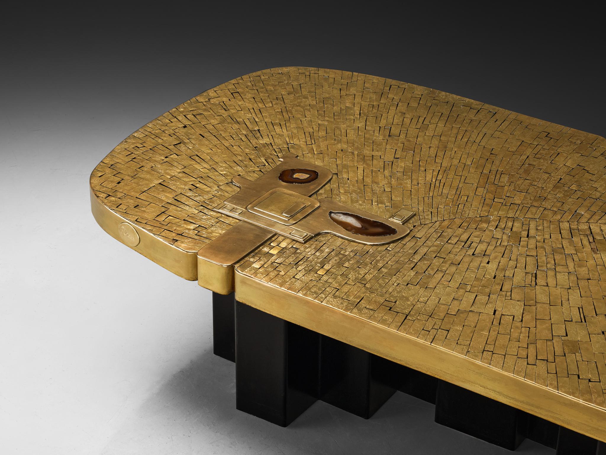 Post-Modern Jean Claude Dresse Mosaic Coffee Table in Brass and Agate