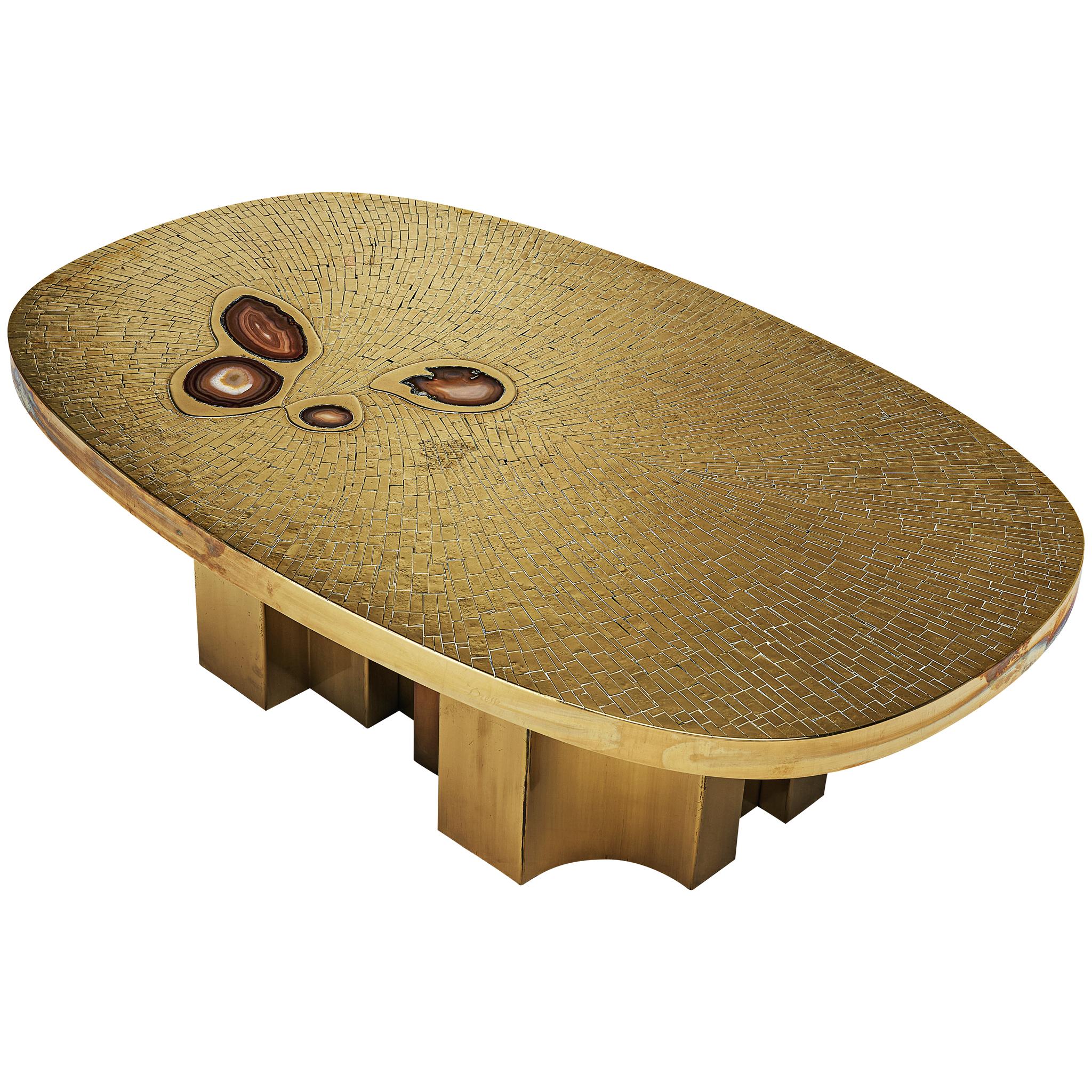 Jean Claude Dresse Oval Coffee Table in Brass Inlayed with Agate