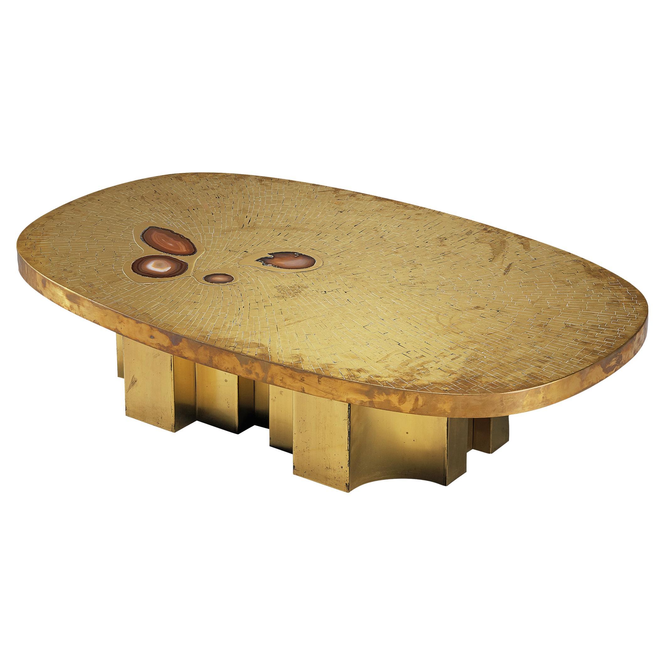 Jean Claude Dresse Oval Coffee Table in Brass Inlayed with Agate