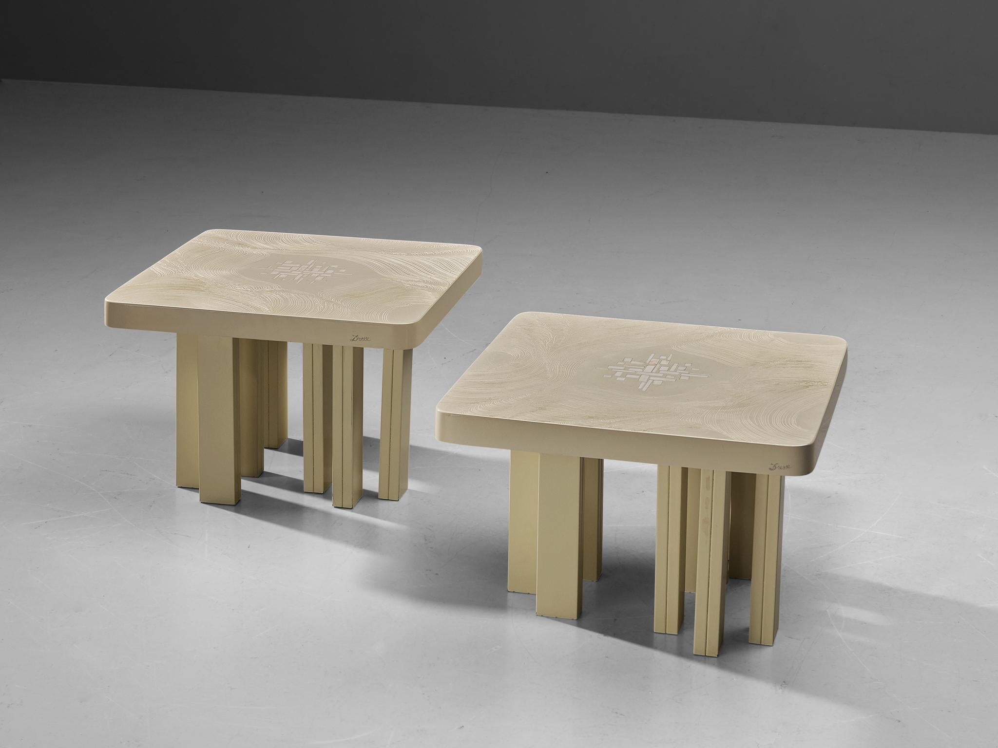 Jean Claude Dresse, pair of coffee tables, resin, bone, Belgium, circa. 1970 

This eccentric pair of coffee tables is a design by the hand of Belgian designer Jean Claude Dresse. Observing the piece now, every inch truly showcases the magnificent