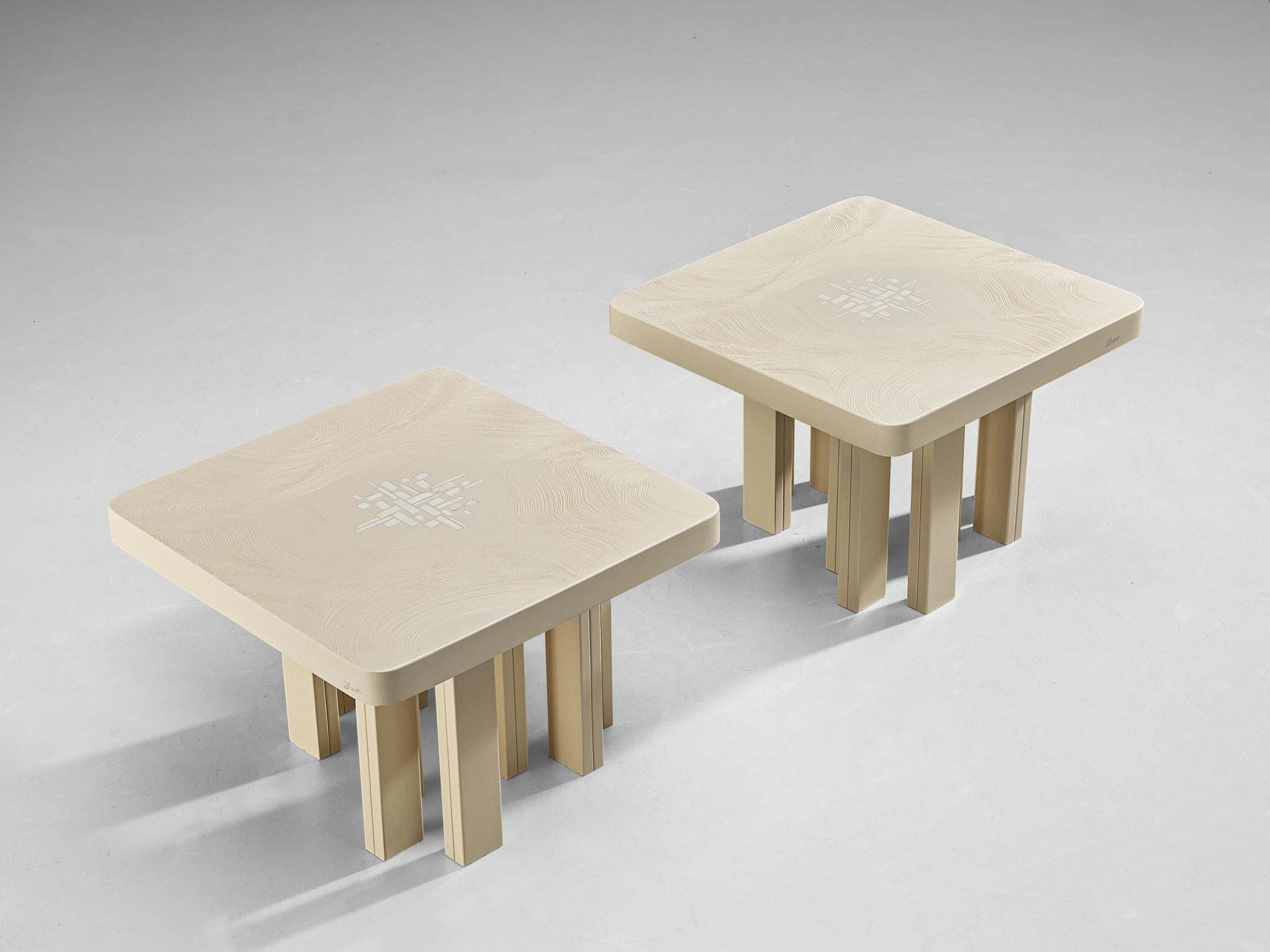 Jean Claude Dresse, pair of coffee tables, resin, bone, lacquered steel, circa 1970

This eccentric coffee table is a design by the hand of Belgian designer Jean Claude Dresse. Observing the piece now, every inch truly showcases the magnificent