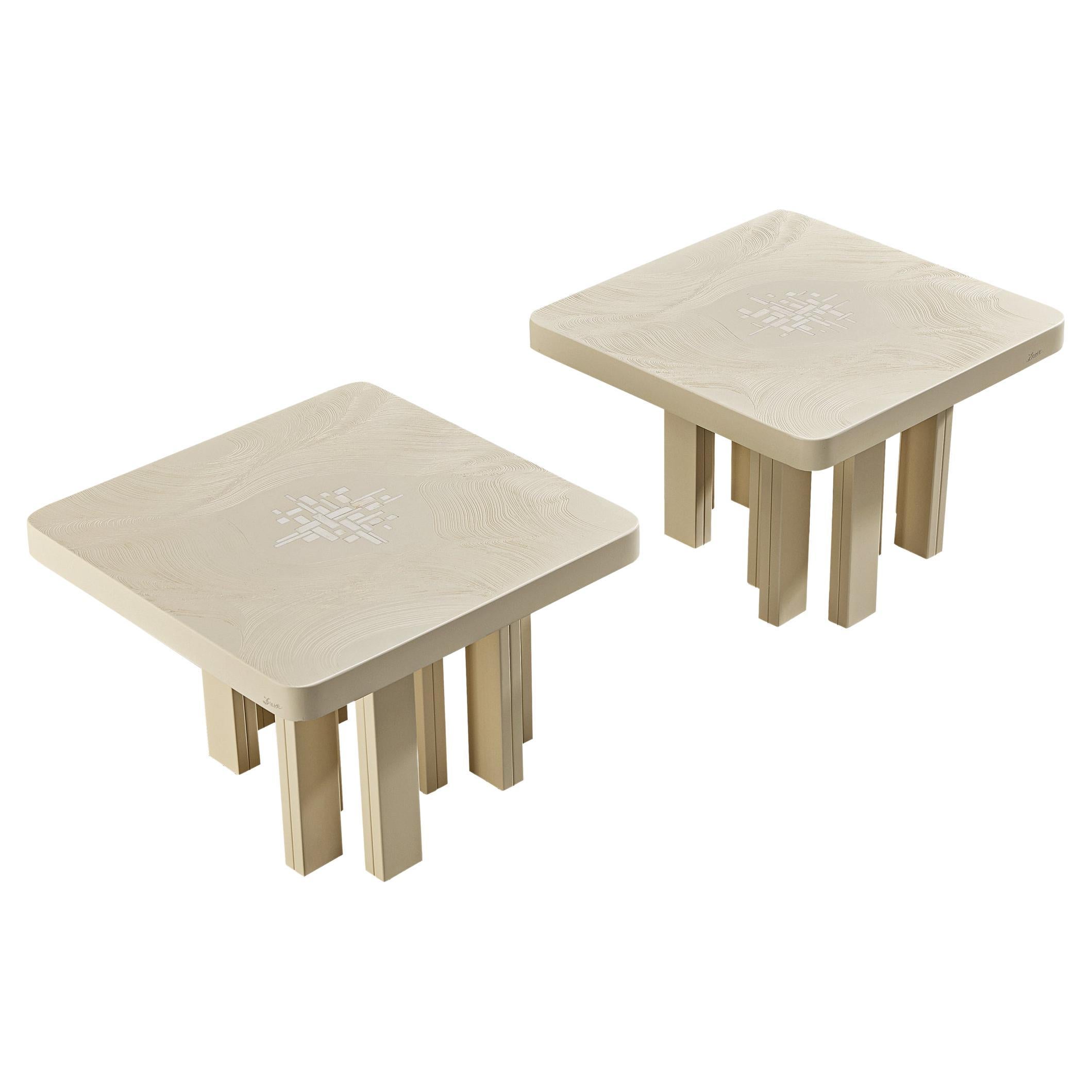 Jean Claude Dresse Pair of Coffee Tables in Resin with Bone Inlay 