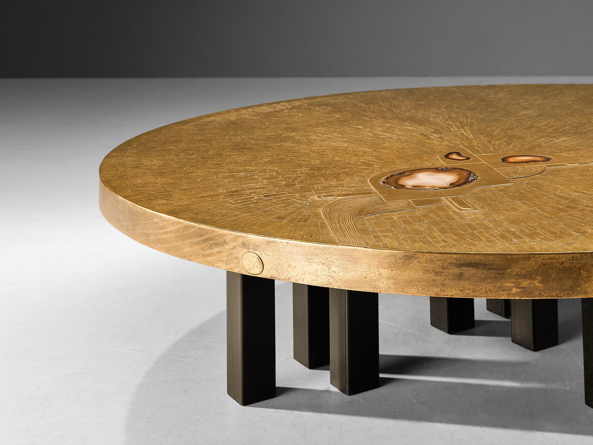 Belgian Jean Claude Dresse Round Coffee Table in Brass Mosaic and Brazilian Agate