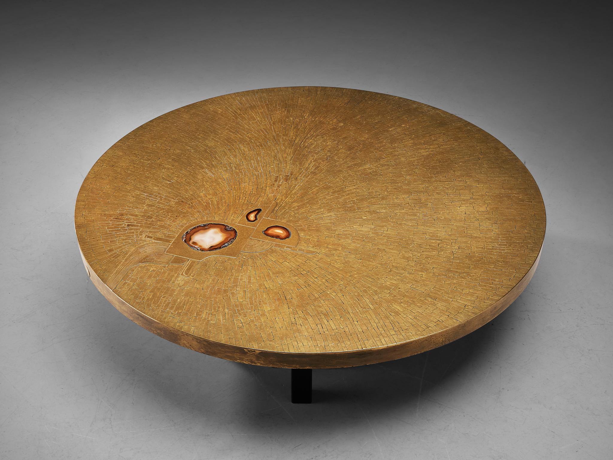 Late 20th Century Jean Claude Dresse Round Coffee Table in Brass Mosaic and Brazilian Agate