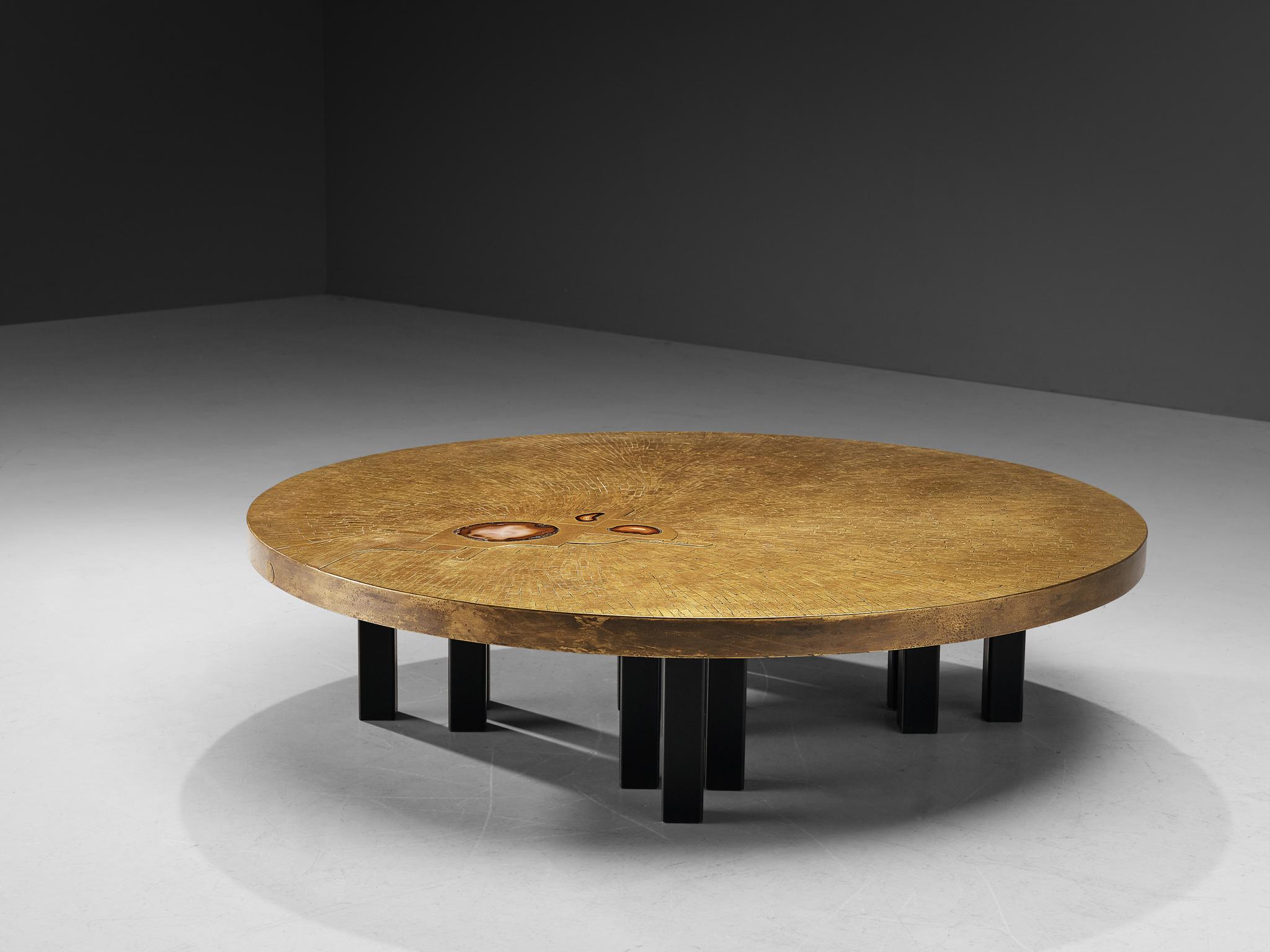 Jean Claude Dresse Round Coffee Table in Brass Mosaic and Brazilian Agate 2