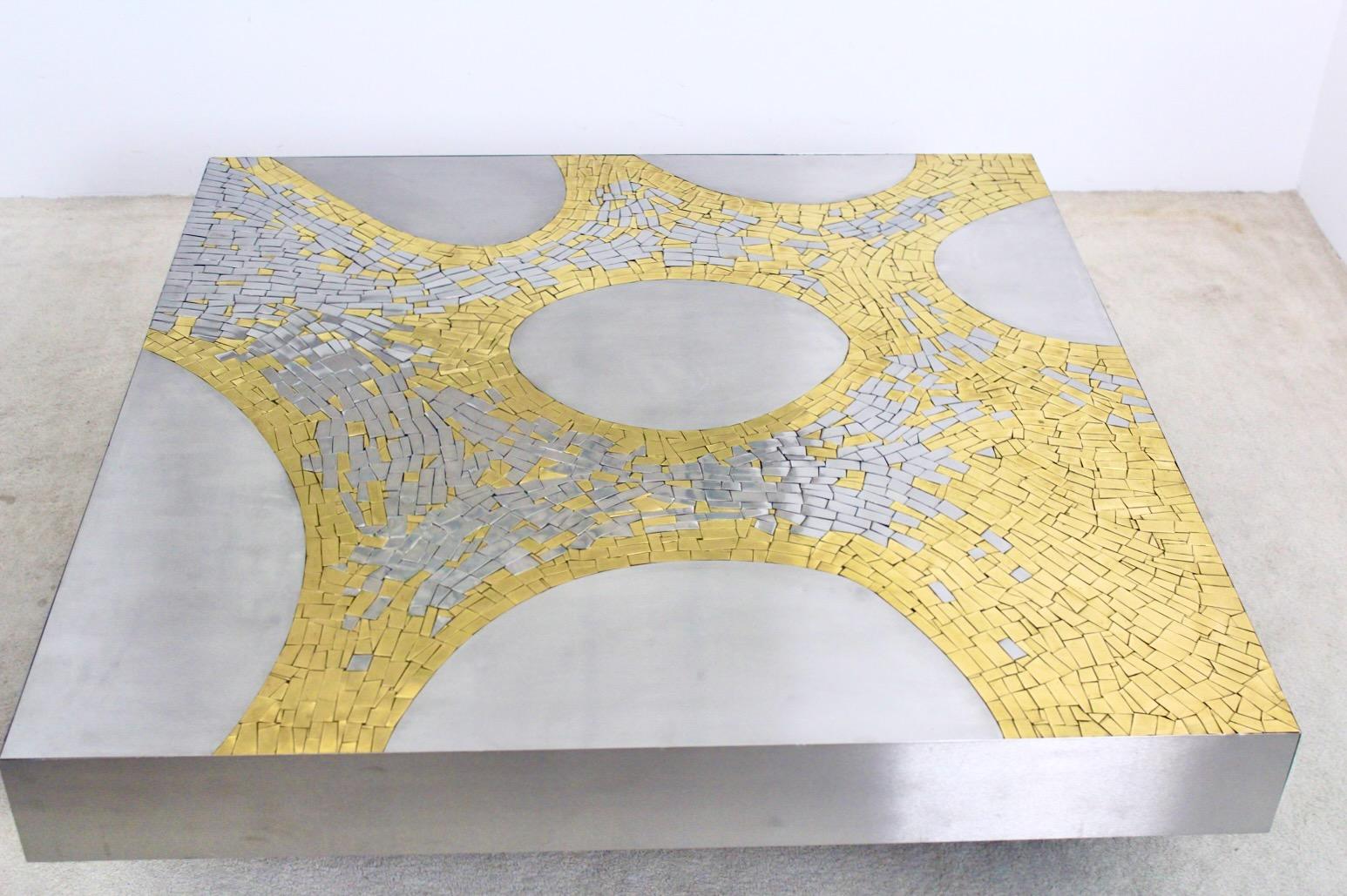 Jean Claude Dresse Sculptural Stainless Steel and Brass Coffee Table For Sale 6