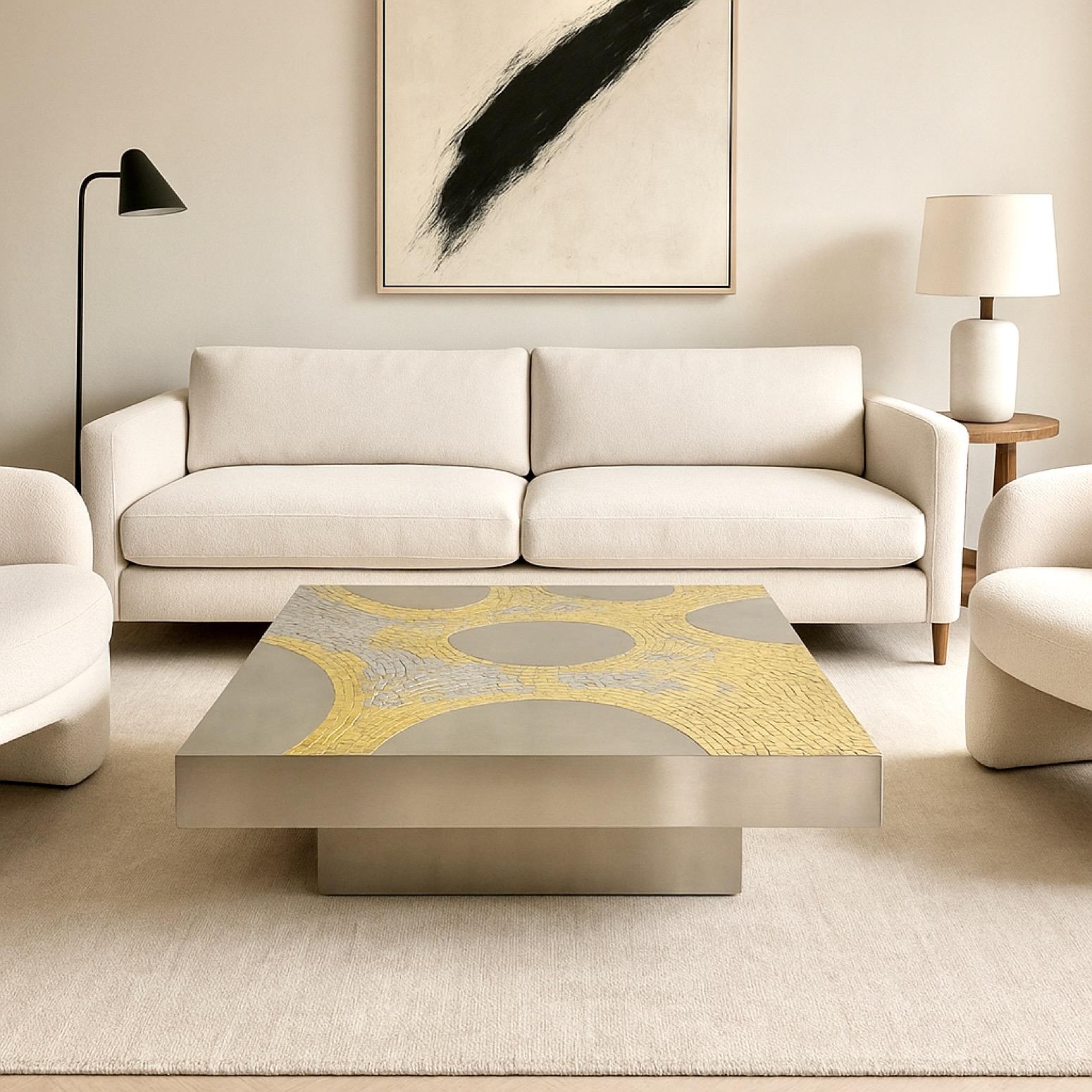 A rare and exquisite coffee table by Jean Claude Dresse, a celebrated Belgian designer known for his innovative fusion of geometric rigor and artistic abstraction. Crafted (and signed) in the 1970s, this piece exemplifies Dresse’s signature use of