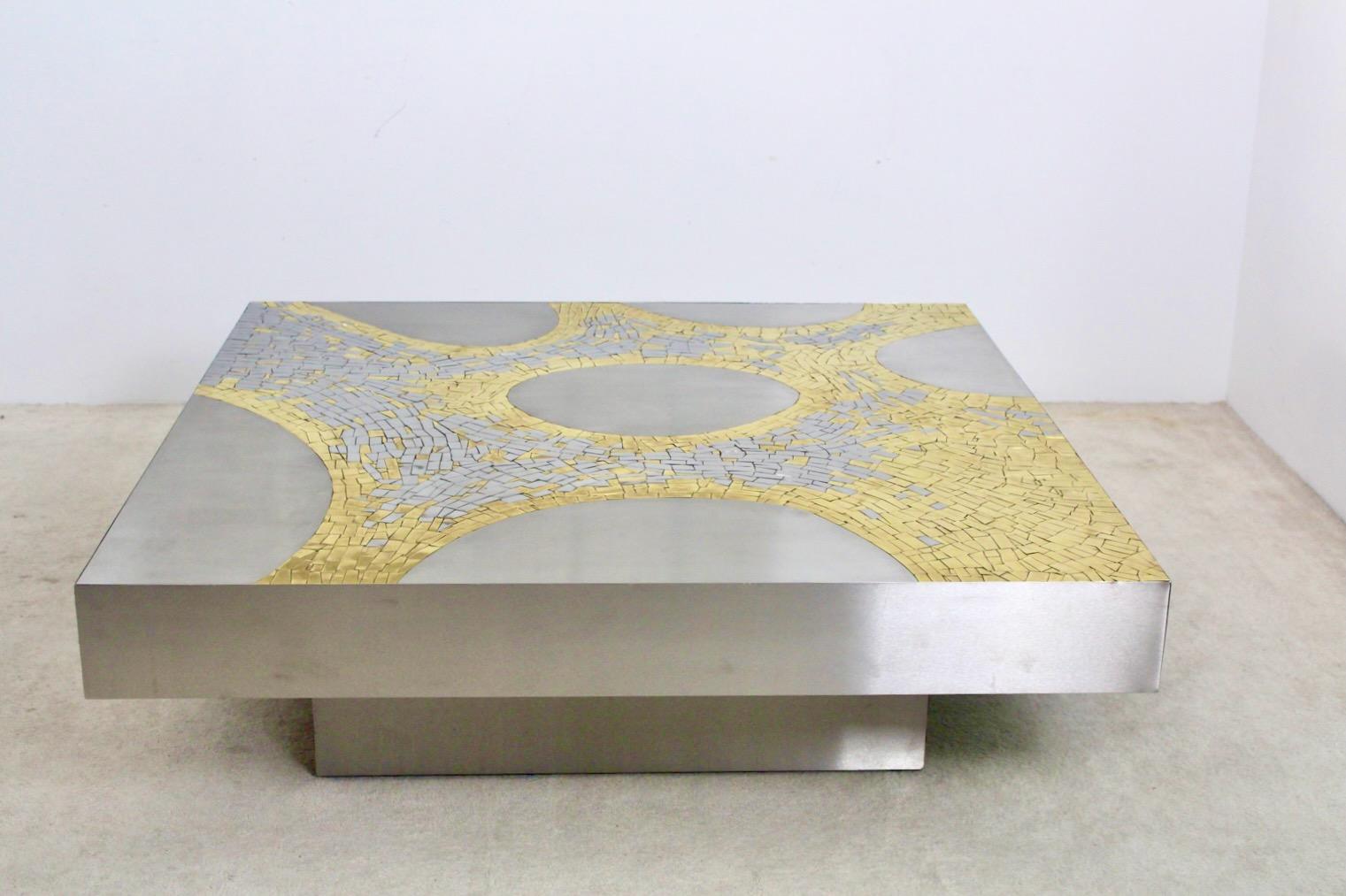 Belgian Jean Claude Dresse Sculptural Stainless Steel and Brass Coffee Table For Sale