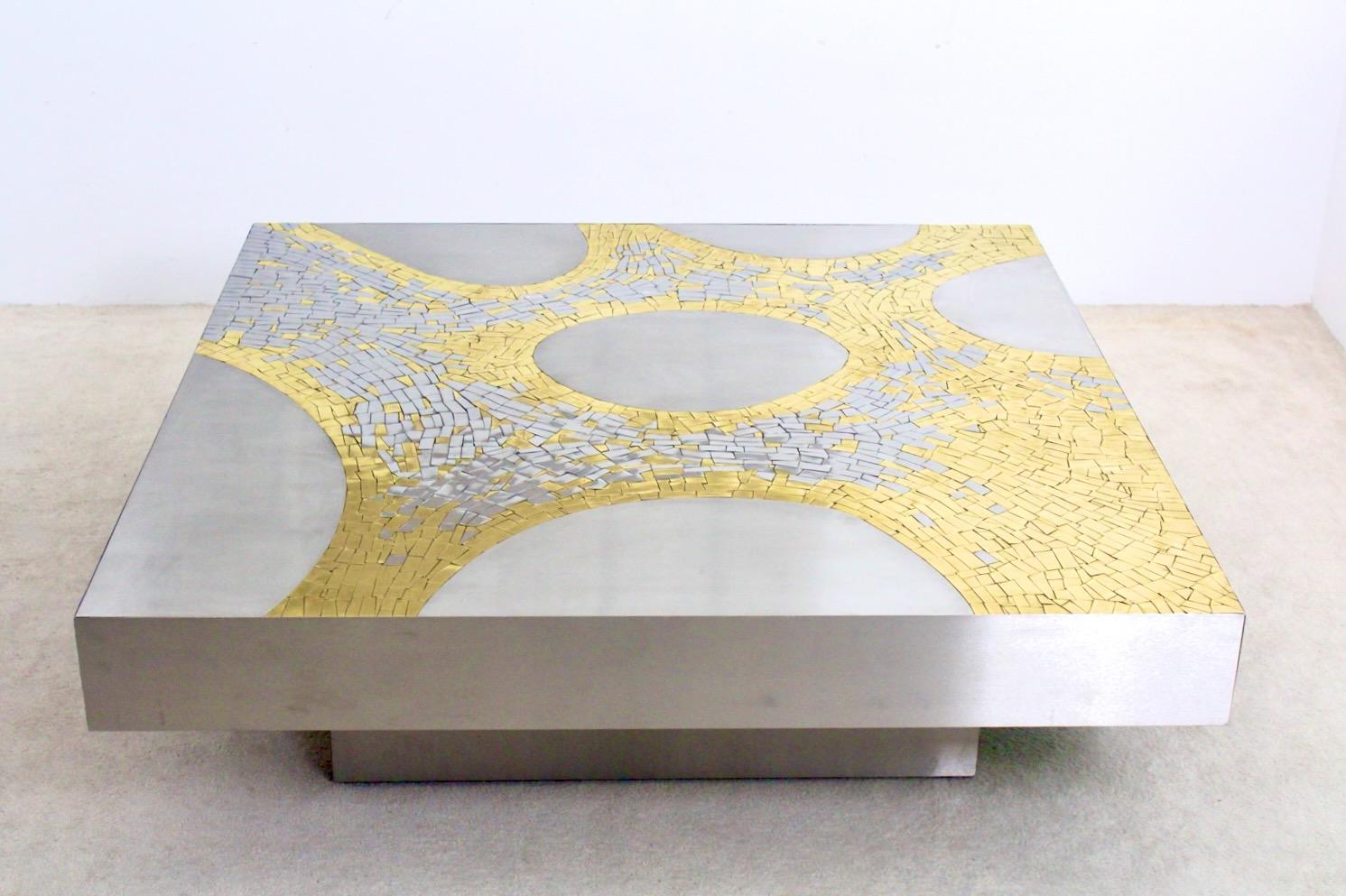 Jean Claude Dresse Sculptural Stainless Steel and Brass Coffee Table For Sale 2