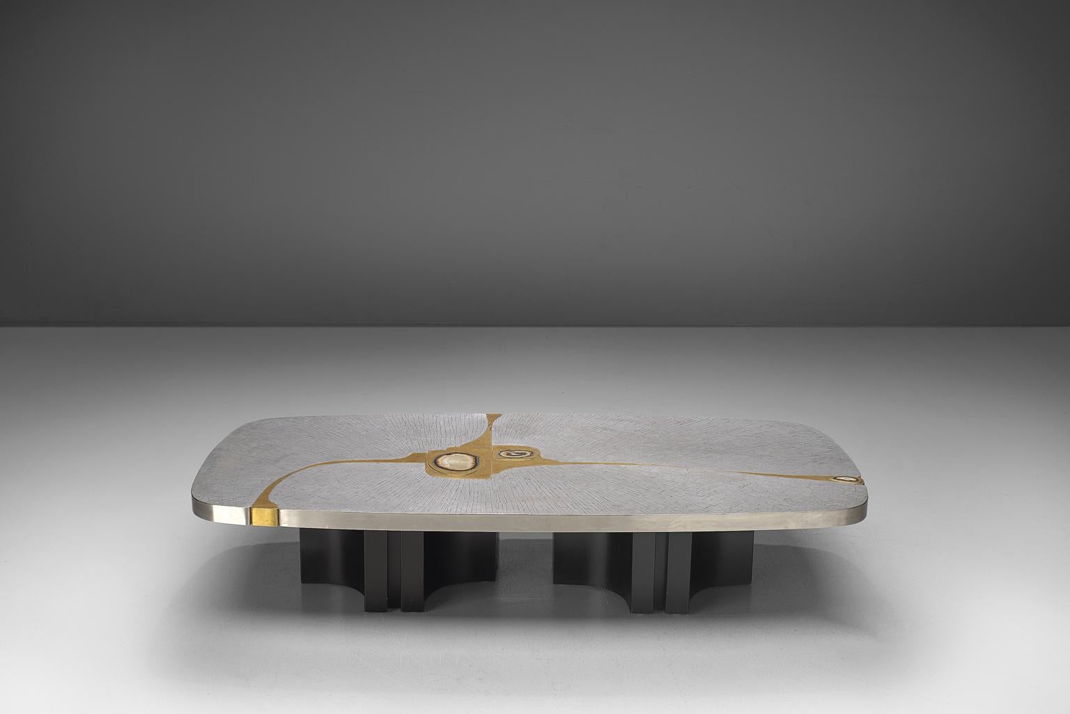 Mid-Century Modern Jean Claude Dresse Steel and Brass Coffee Table with Inlayed Agate