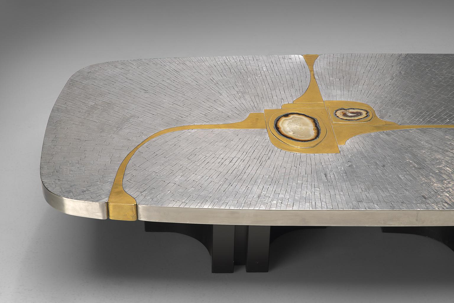 Belgian Jean Claude Dresse Steel and Brass Coffee Table with Inlayed Agate