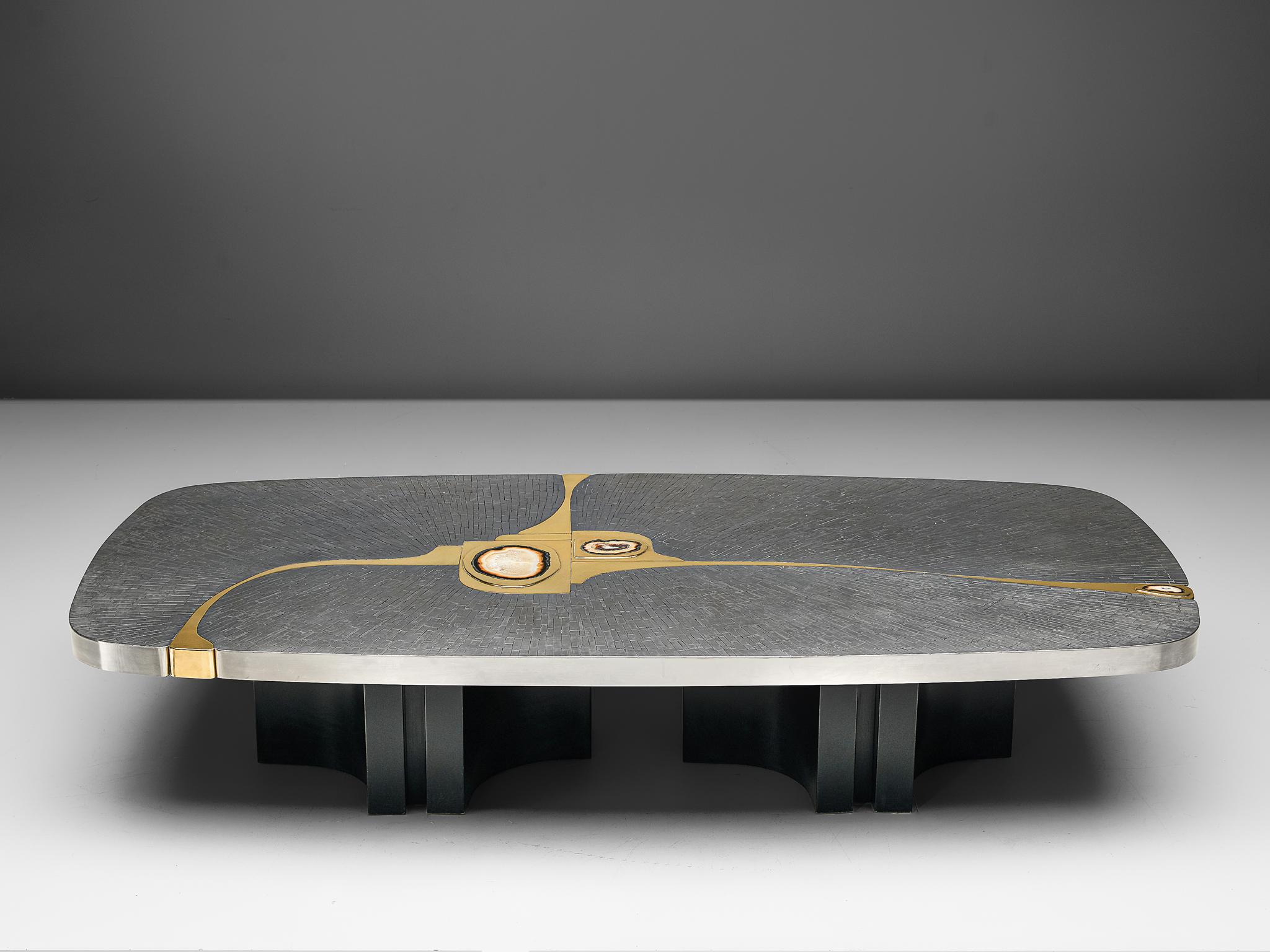 Jean Claude Dresse Steel and Brass Coffee Table with Inlayed Agate 2