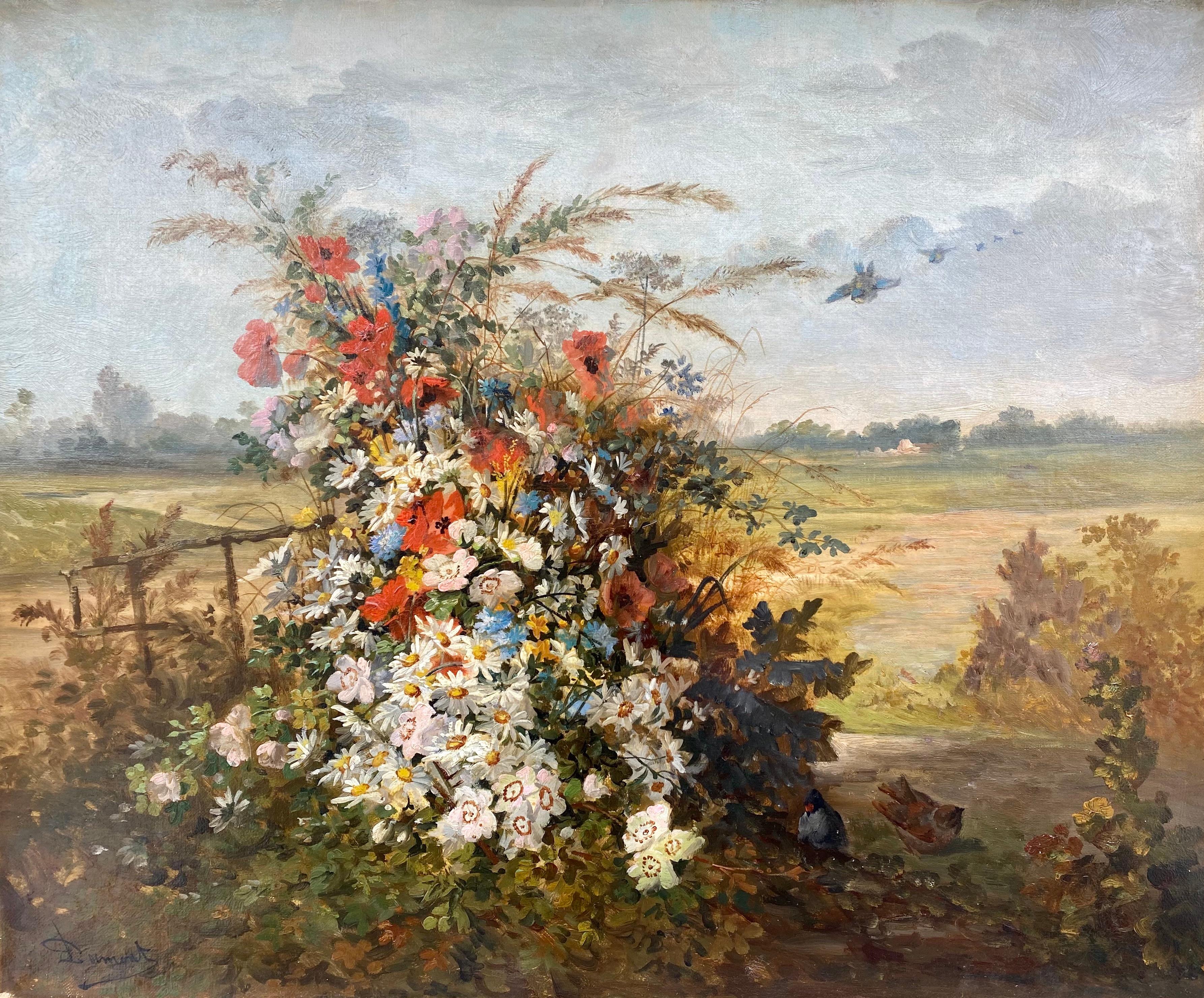 Field flowers: exuberant floral still life in a rustic landscape country scene - Painting by Jean Claude Dumont
