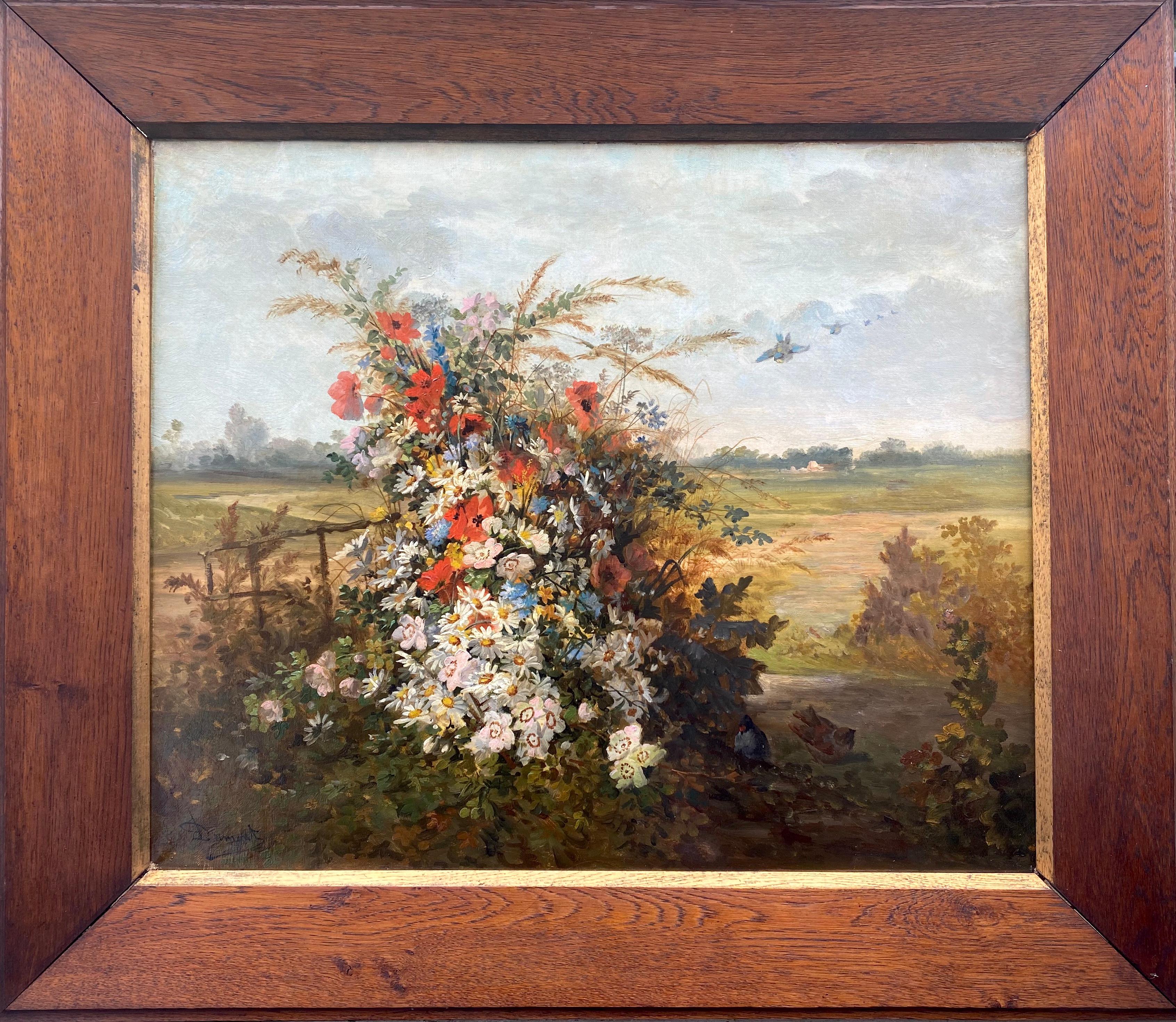 Jean Claude Dumont Landscape Painting - Field flowers: exuberant floral still life in a rustic landscape country scene