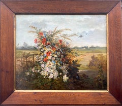Field flowers: exuberant floral still life in a rustic landscape country scene