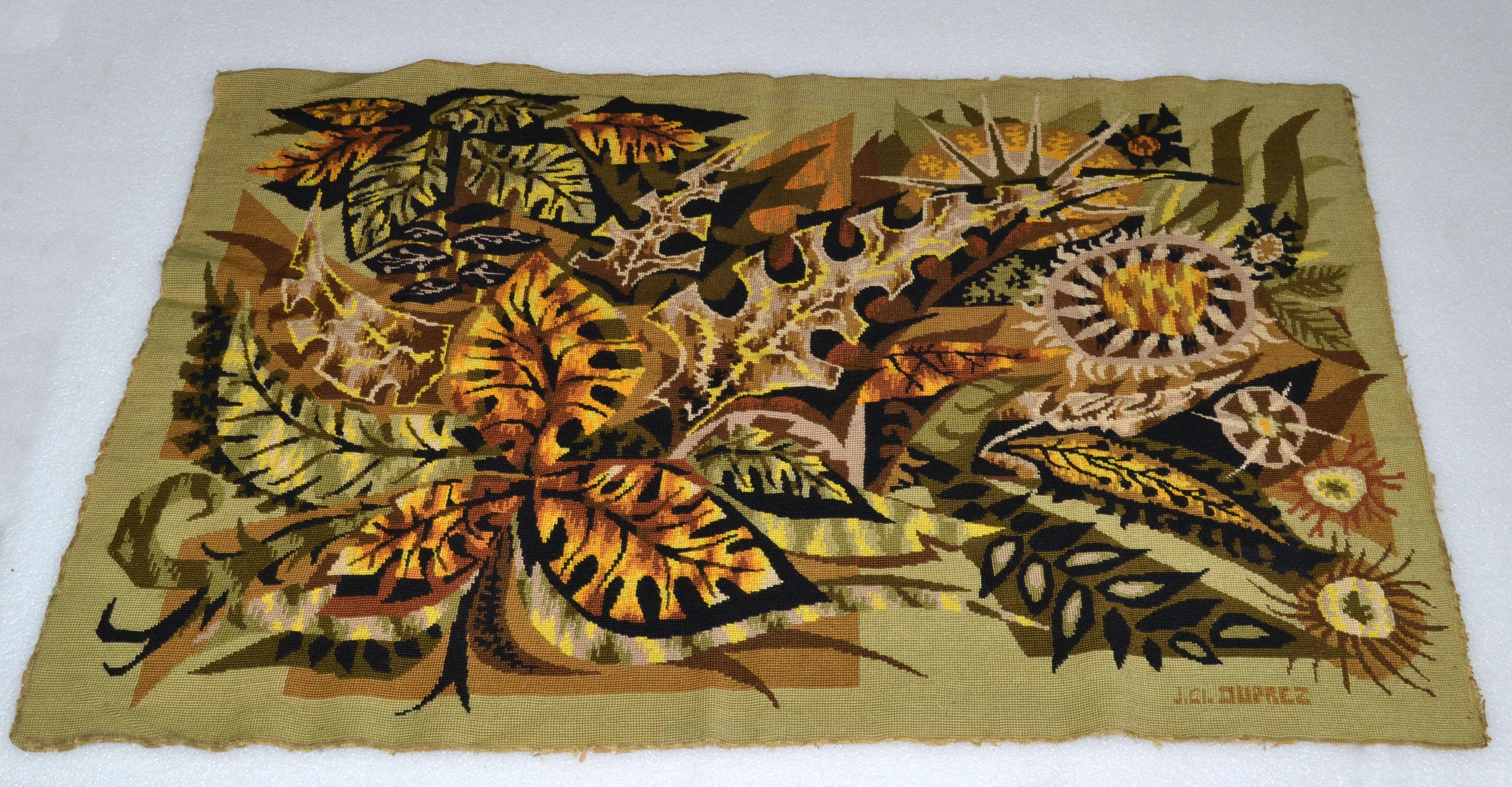 Mid-Century Modern French rectangular handwoven wool and cotton tapestry on a Jean Claude Duprez canvas.
Depicting Autumn Leaves in brown, green and beige color.
