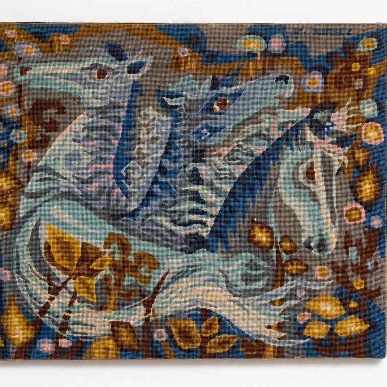 Grande Tapisserie Velours Vintage - Chevaux Au Ruisseau 48x74 - Belgique