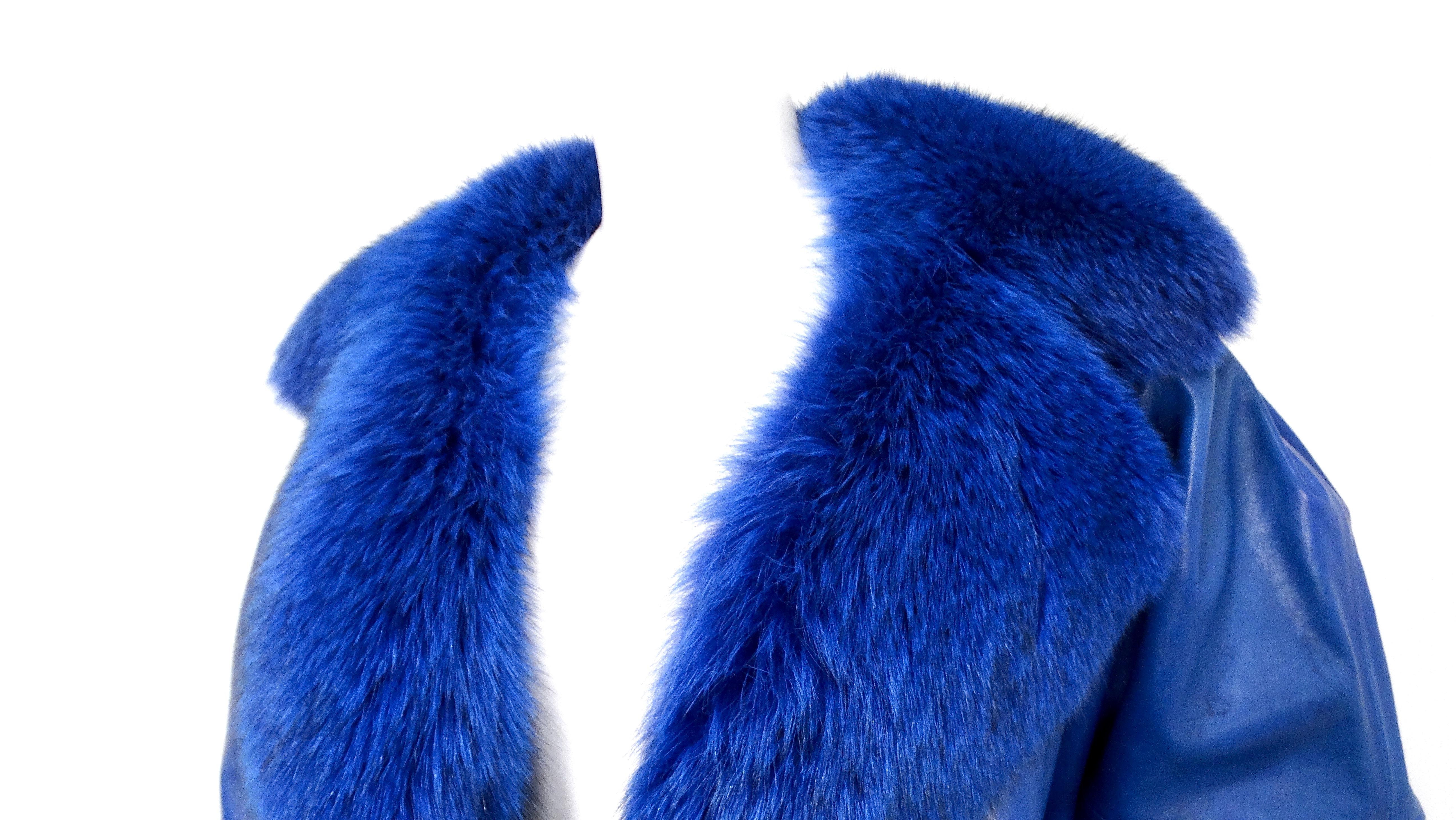 Bleu Jean Claude Jitoris CUSTOM MADE Manteau en cuir et fourrure de renard bleu cobalt circa 1990 en vente
