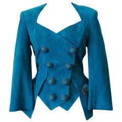 Jean-Claude Jitrois Blazer de cuero verde azulado adornado de los años 80