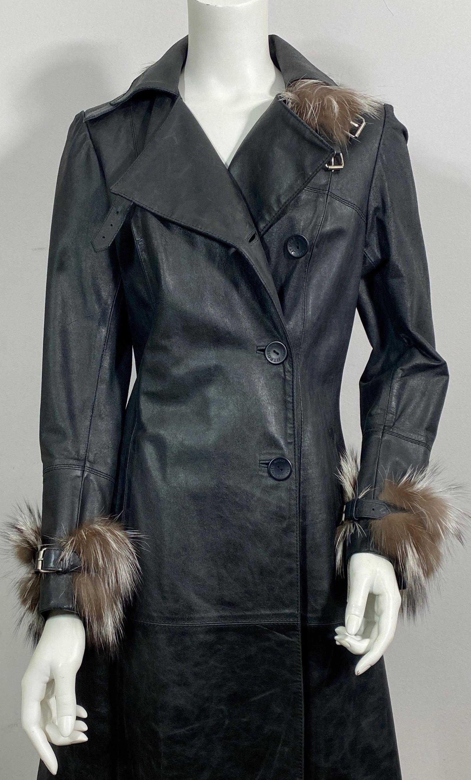 Jean Claude Jitrois Black Nappa Leather Coat with Fox-Size 38 This Vacha Nappa Leather Black Coat has a distressed look with a bit of a very slight shimmer to it. The coat has 1” leather belt like removable attachments that are decorated in 3” Brown