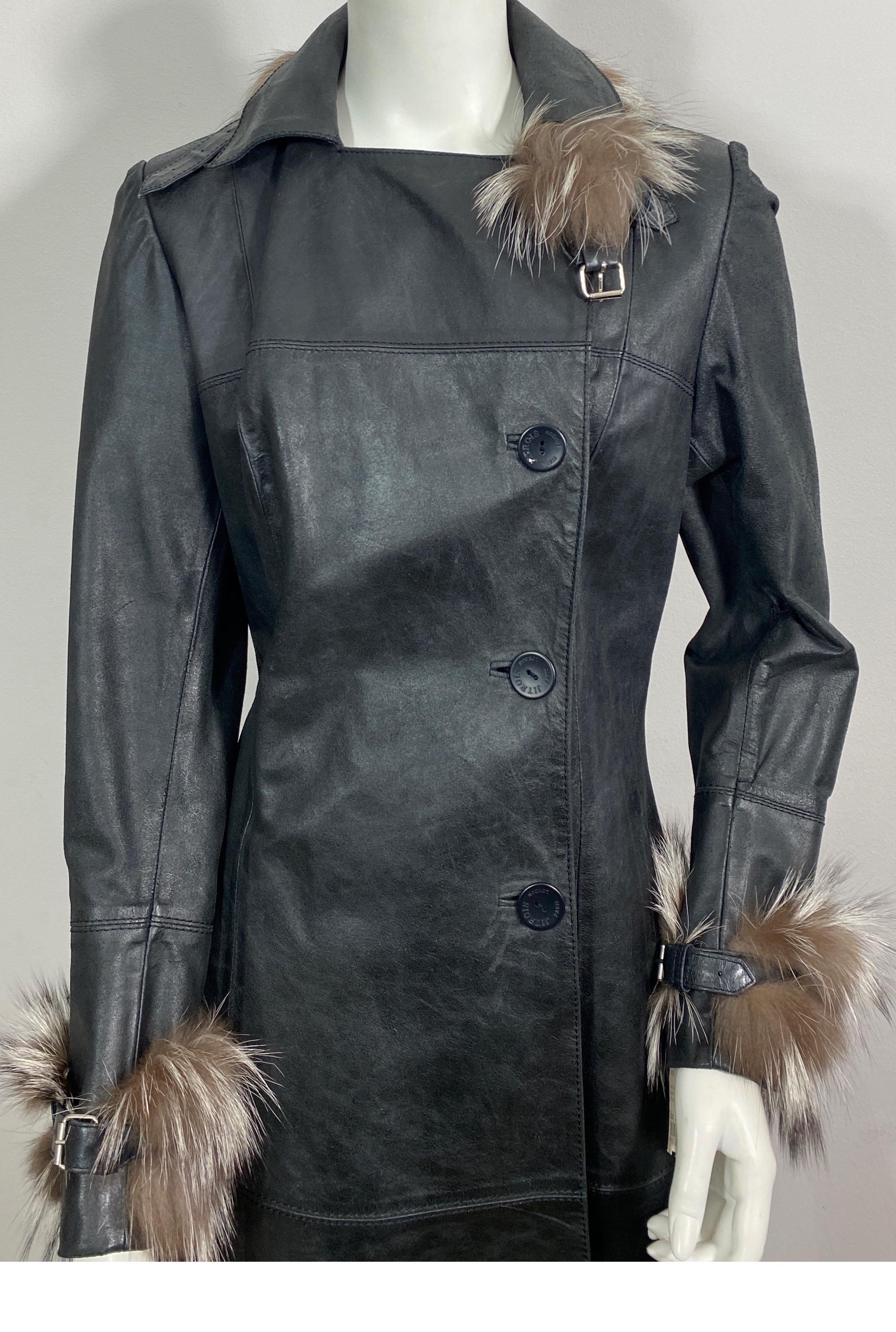 Jean Claude Jitrois Black Nappa Leather Coat with Fox-Size 38 For Sale 2