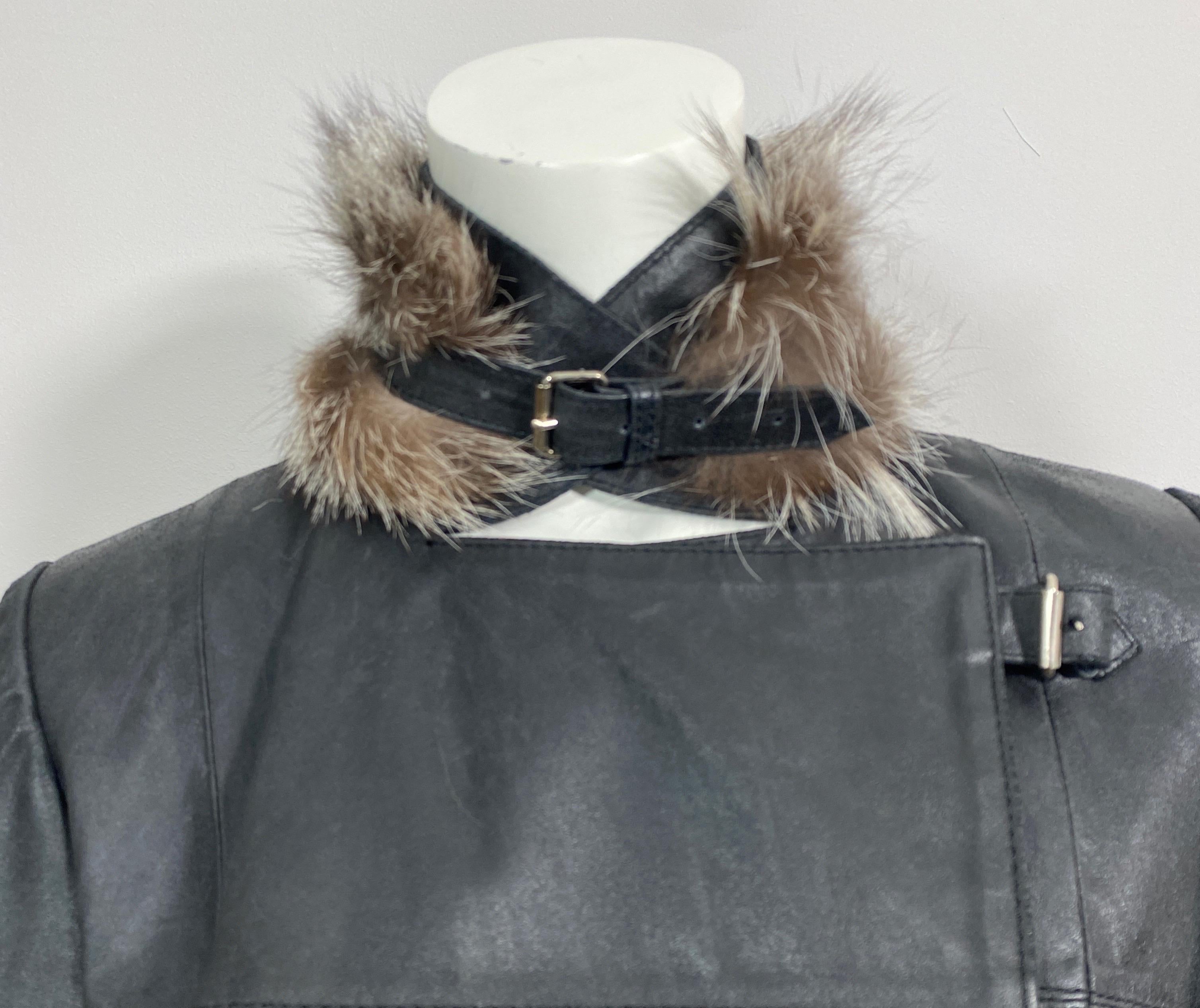 Jean Claude Jitrois Black Nappa Leather Coat with Fox-Size 38 For Sale 4