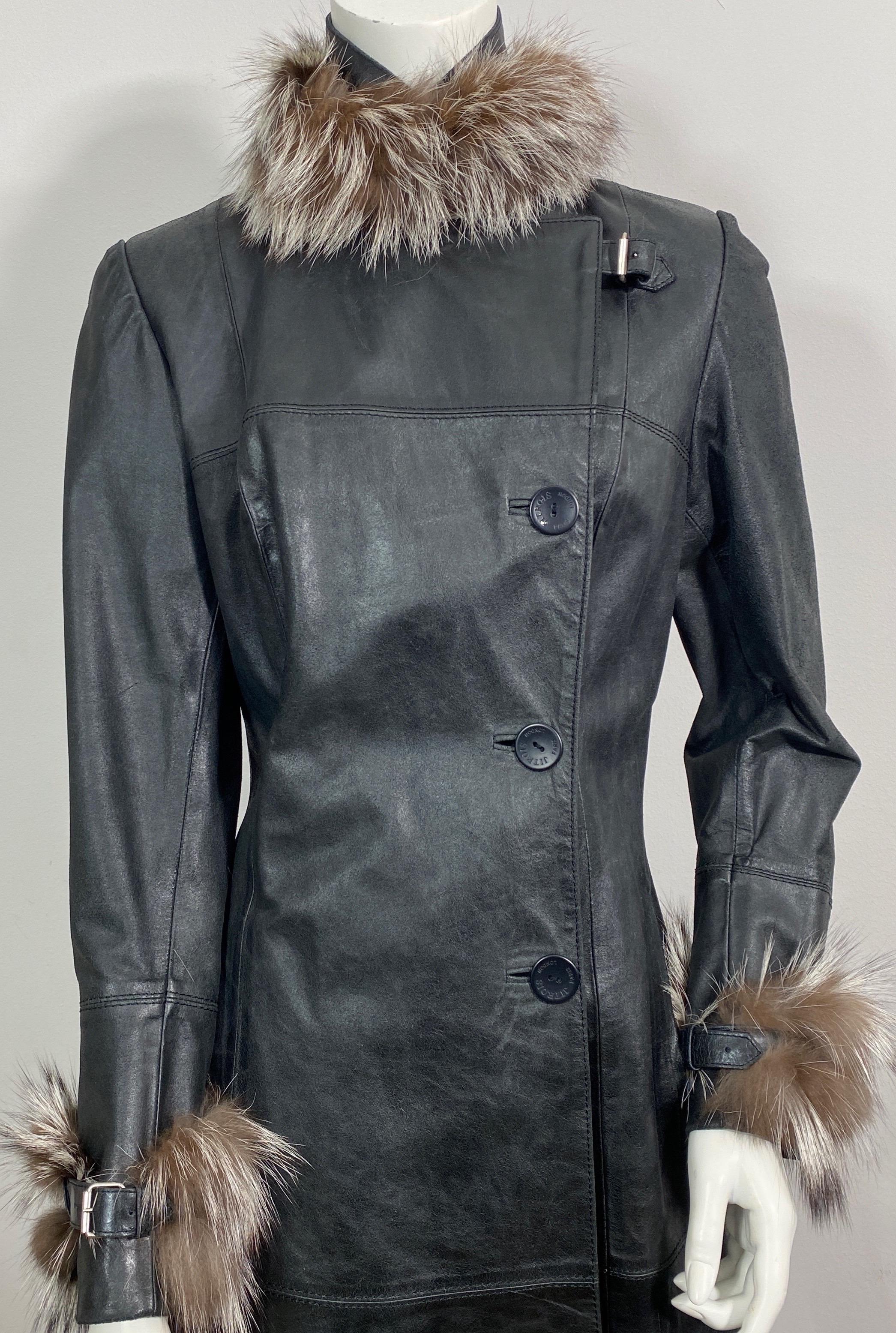 Jean Claude Jitrois Black Nappa Leather Coat with Fox-Size 38 For Sale 5