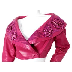 Jean Claude Jitrois Fuchsia Floral Leather Cropped Jacket circa 1990s Numbered