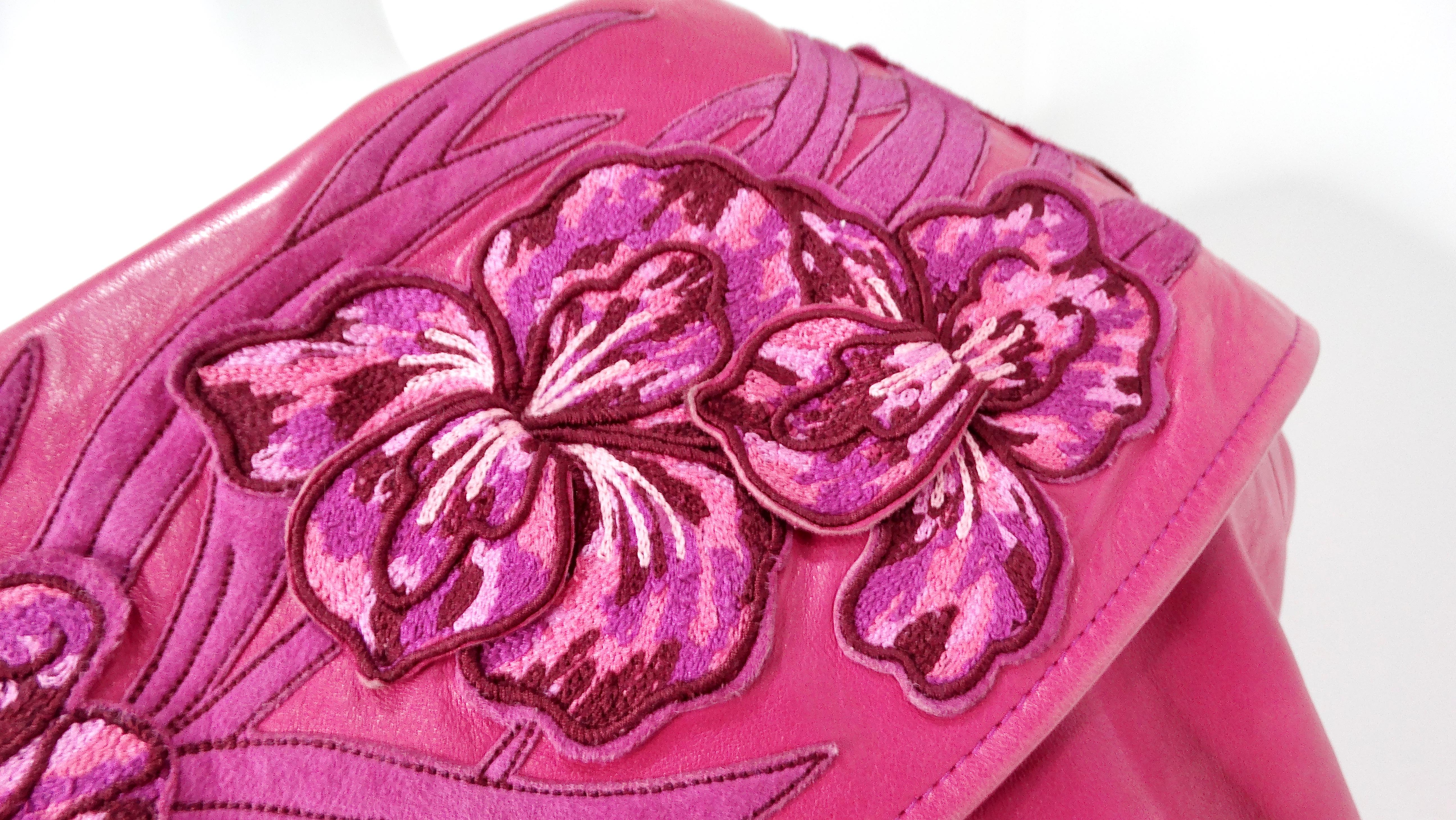 Gray Jean Claude Jitrois Fuchsia Floral Leather Cropped Jacket circa 1990s Numbered For Sale
