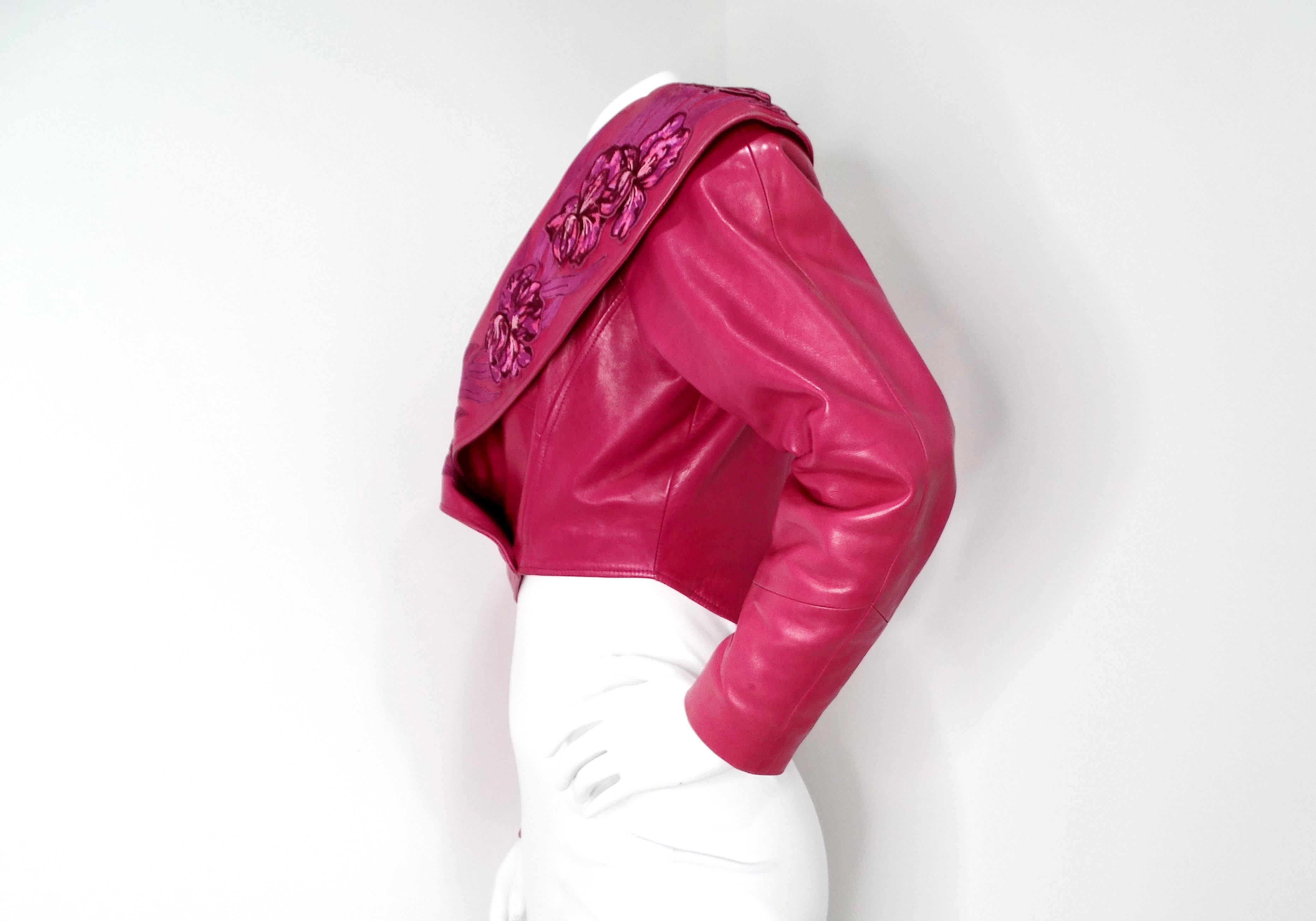 Women's Jean Claude Jitrois Fuchsia Floral Leather Cropped Jacket circa 1990s Numbered For Sale