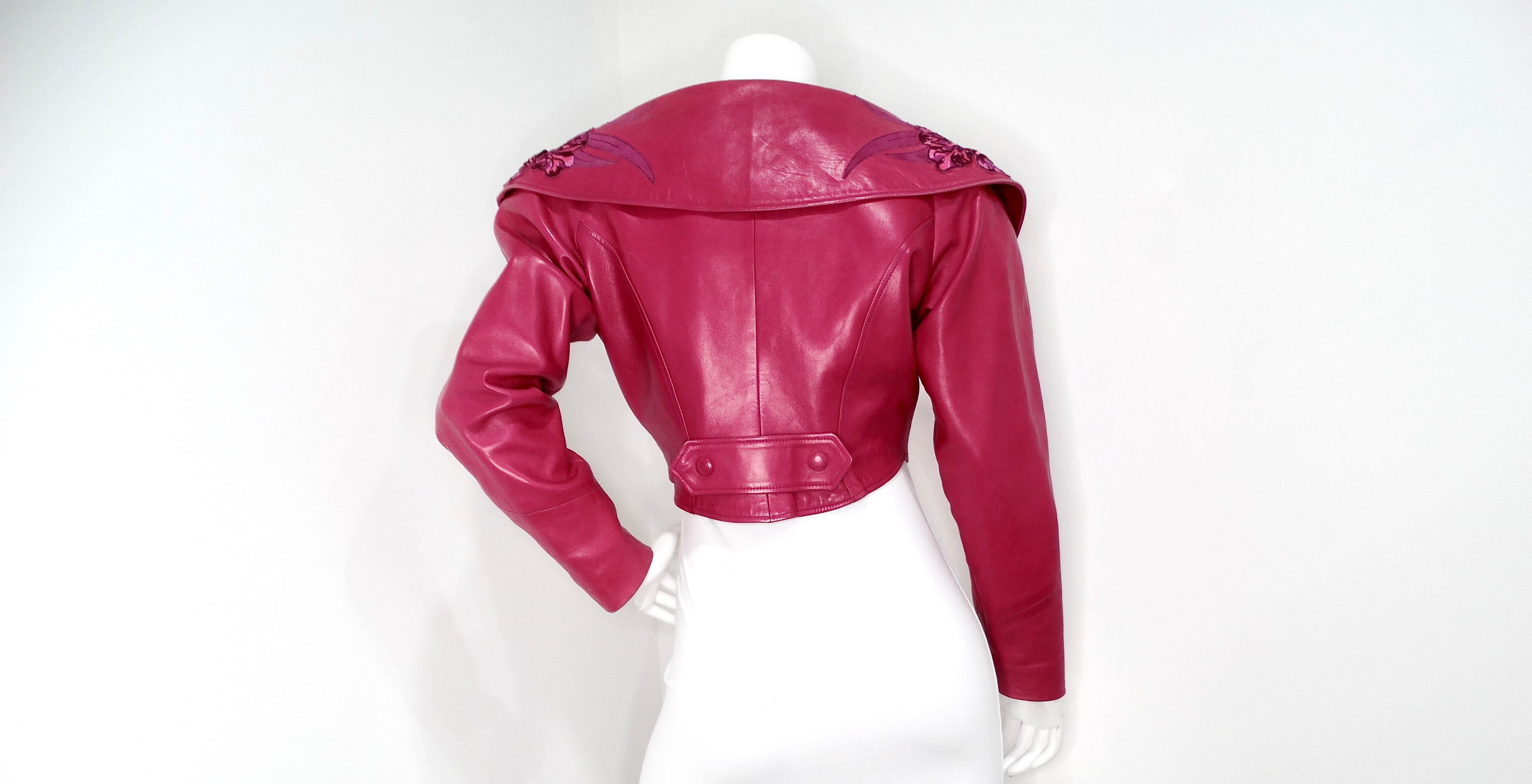 Jean Claude Jitrois Fuchsia Floral Leather Cropped Jacket circa 1990s Numbered For Sale 1