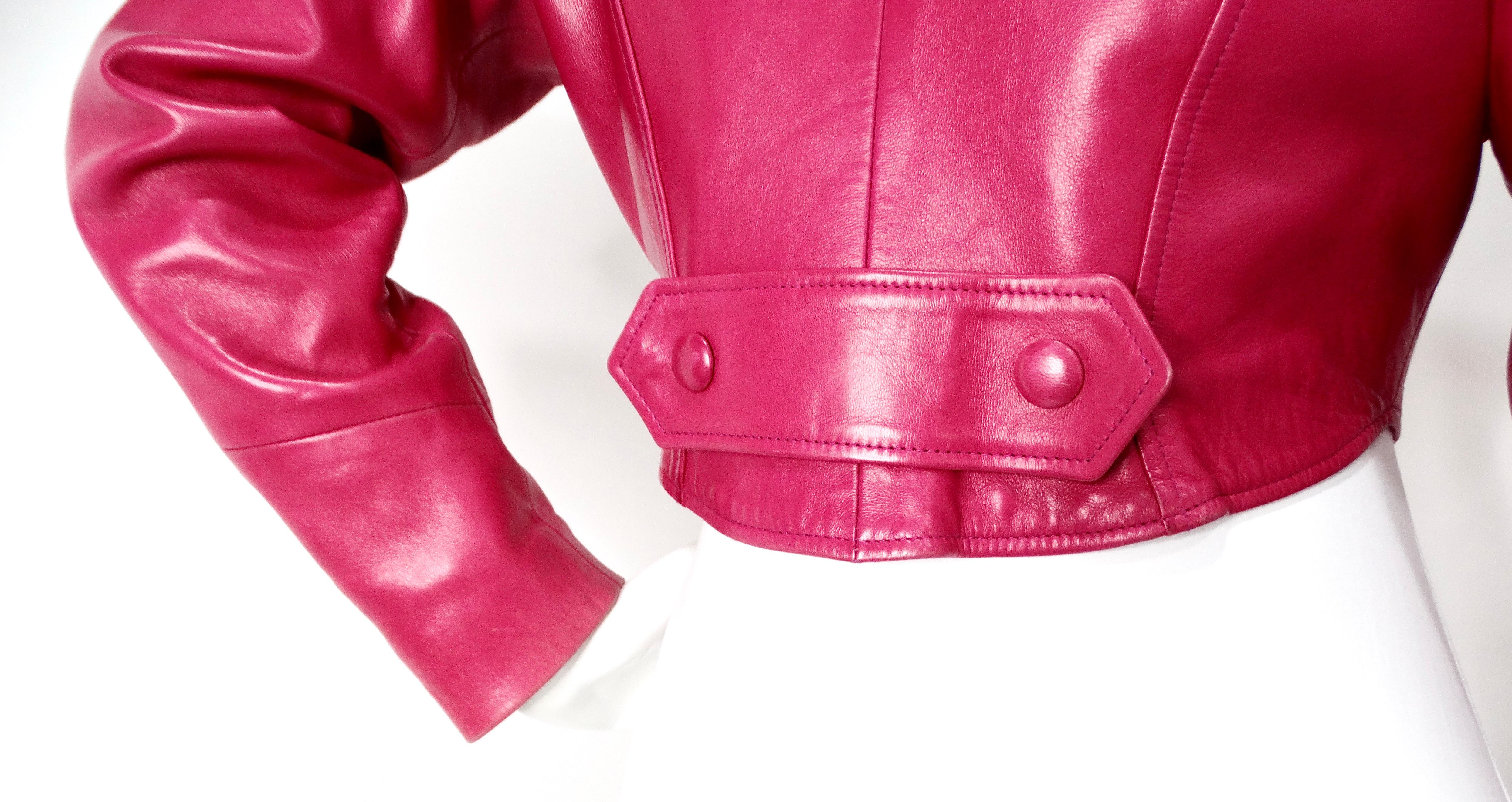 Jean Claude Jitrois Fuchsia Floral Leather Cropped Jacket circa 1990s Numbered For Sale 2