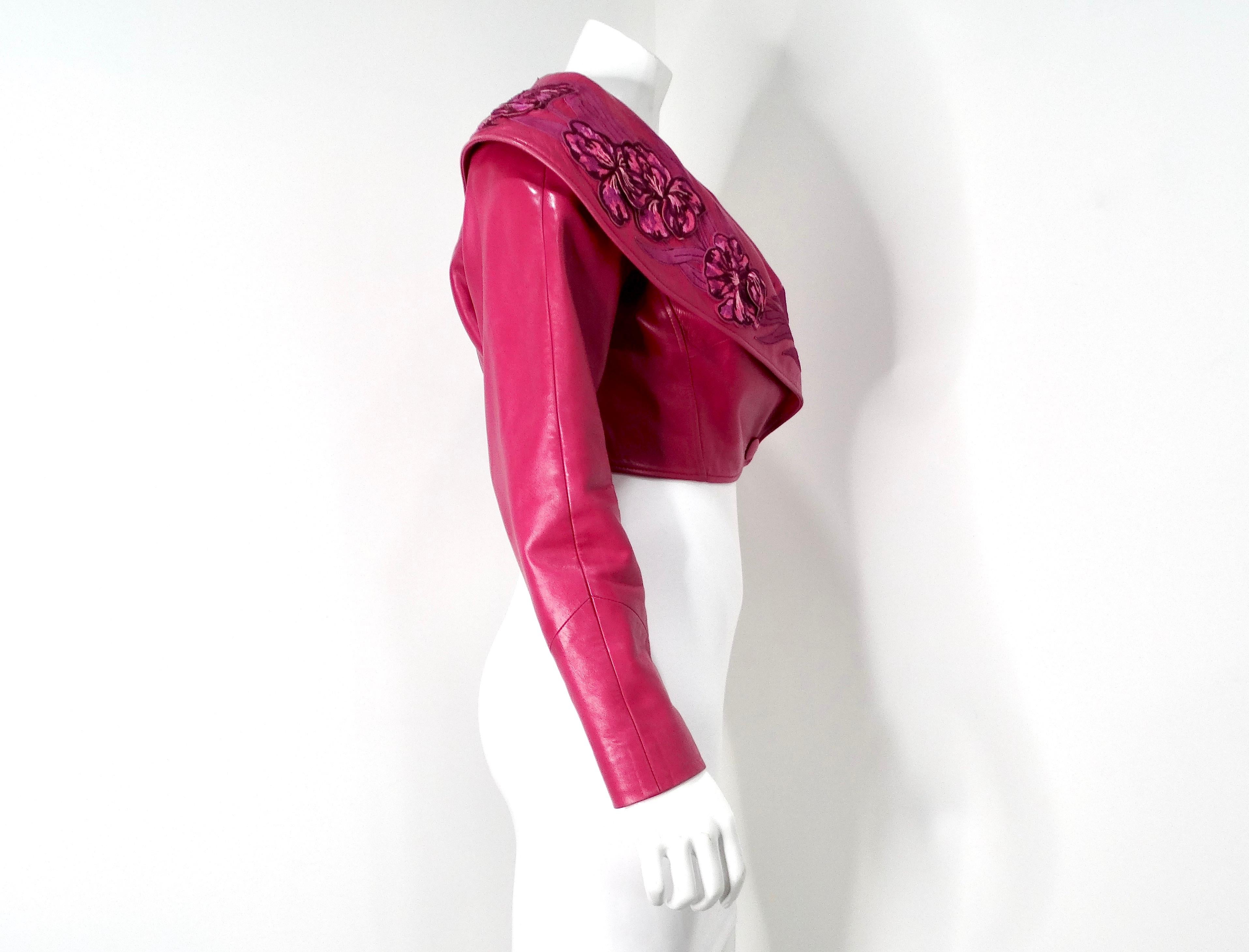 Jean Claude Jitrois Fuchsia Floral Leather Cropped Jacket circa 1990s Numbered For Sale 4