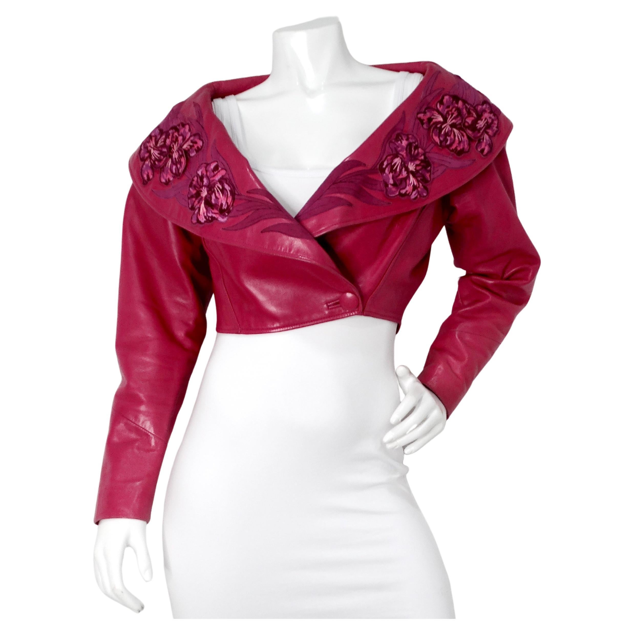 Jean Claude Jitrois Fuchsia Floral Leather Cropped Jacket circa 1990s Numbered For Sale