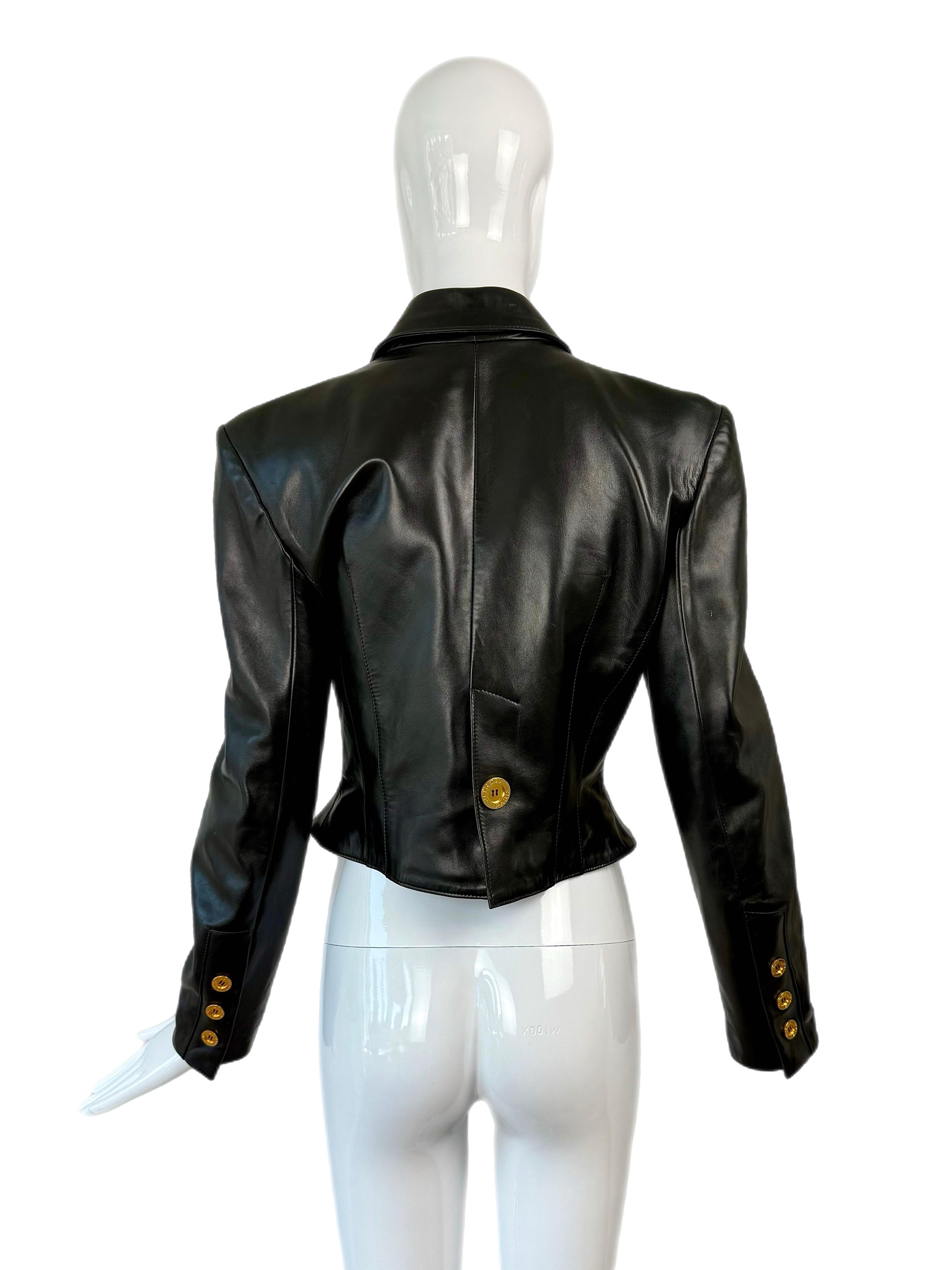 Jean-Claude JITROIS Late 80's/Early 90's Black Leather Jacket w. Gold Buttons In Good Condition For Sale In Leonardo, NJ