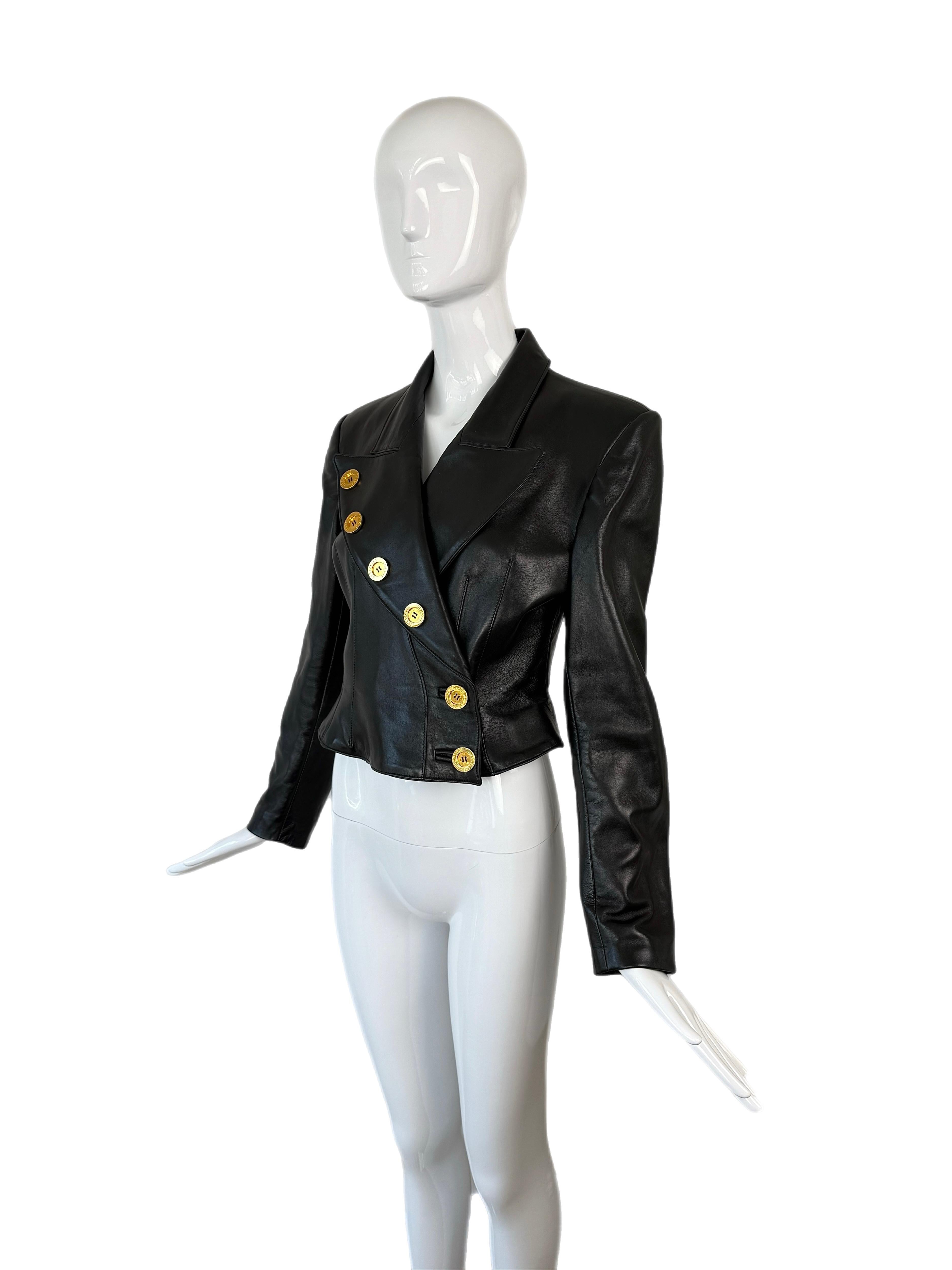 Women's Jean-Claude JITROIS Late 80's/Early 90's Black Leather Jacket w. Gold Buttons For Sale