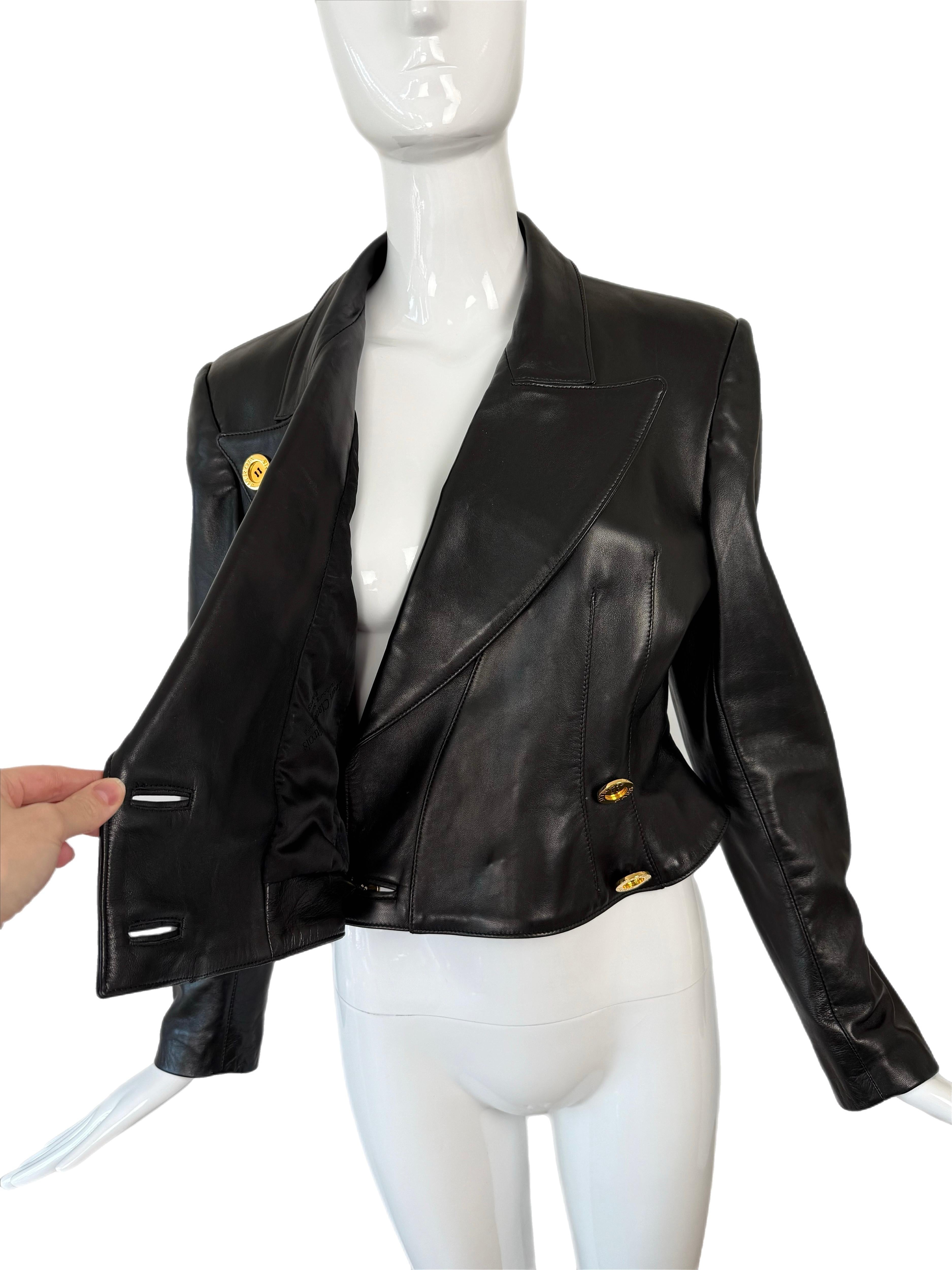 Jean-Claude JITROIS Late 80's/Early 90's Black Leather Jacket w. Gold Buttons For Sale 1