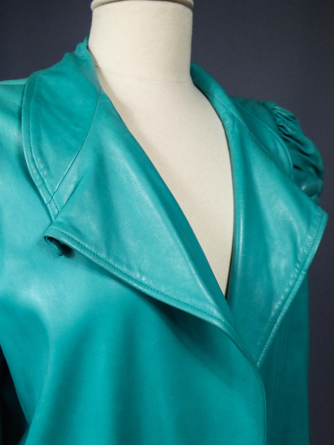 A Jean-Claude Jitrois Skirt and Jacket in Turquoise Leather - Fall 1985/1986  For Sale 2