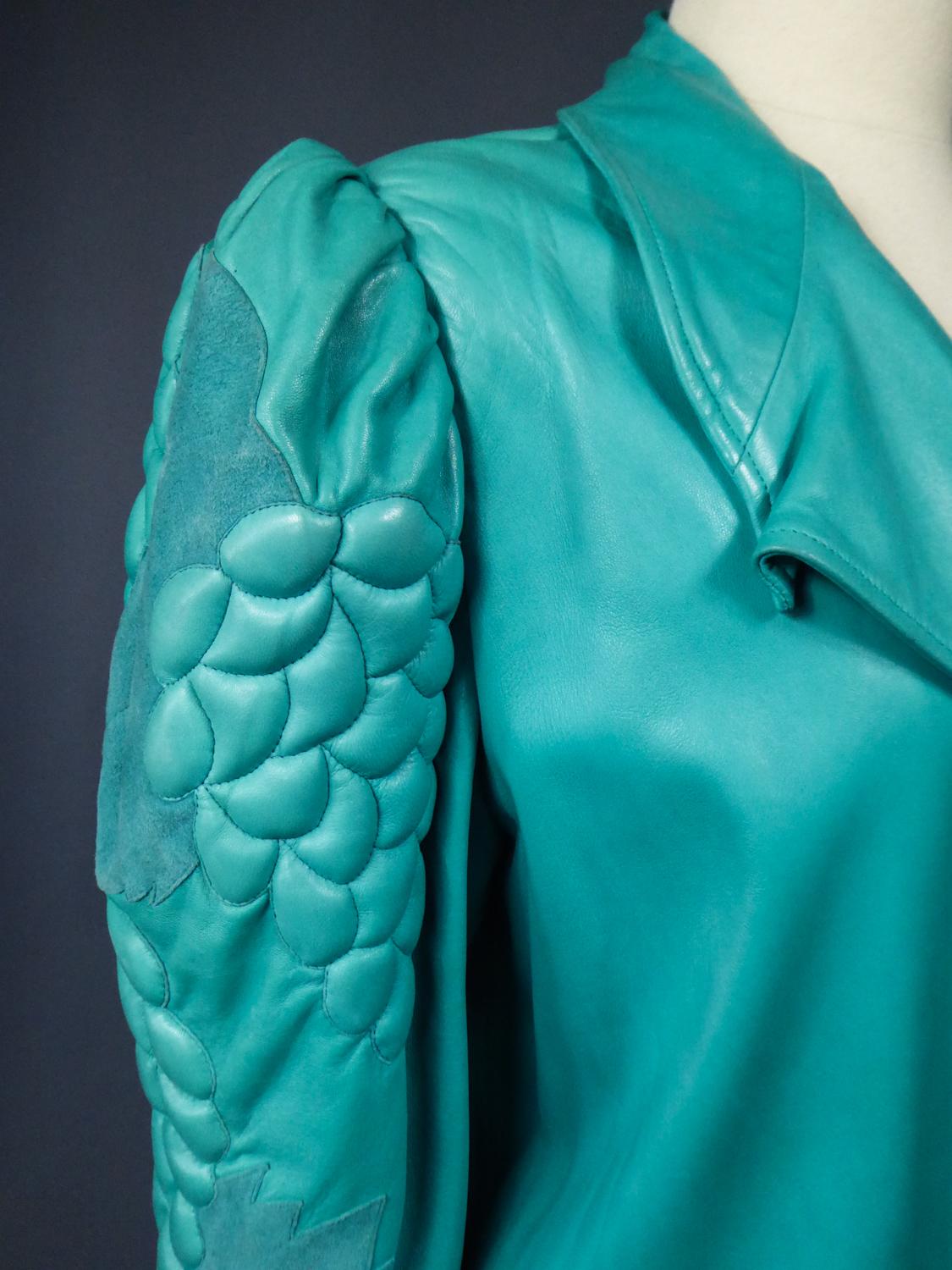 A Jean-Claude Jitrois Skirt and Jacket in Turquoise Leather - Fall 1985/1986  For Sale 3