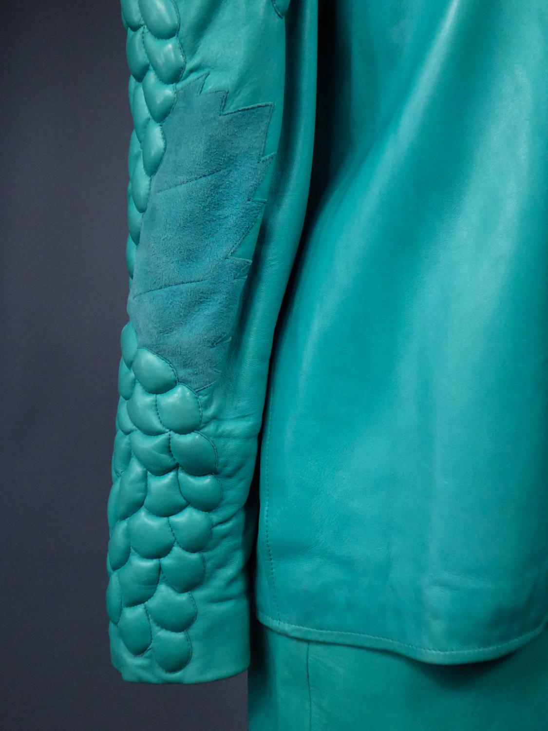 A Jean-Claude Jitrois Skirt and Jacket in Turquoise Leather - Fall 1985/1986  For Sale 4