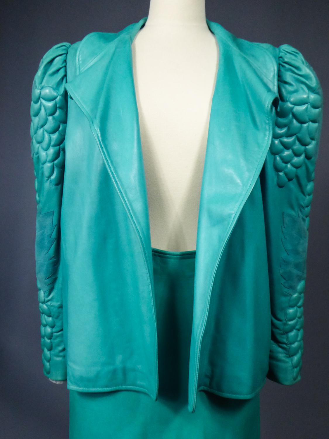 A Jean-Claude Jitrois Skirt and Jacket in Turquoise Leather - Fall 1985/1986  For Sale 5