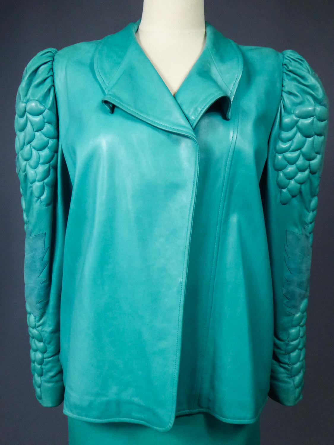 A Jean-Claude Jitrois Skirt and Jacket in Turquoise Leather - Fall 1985/1986  For Sale 6