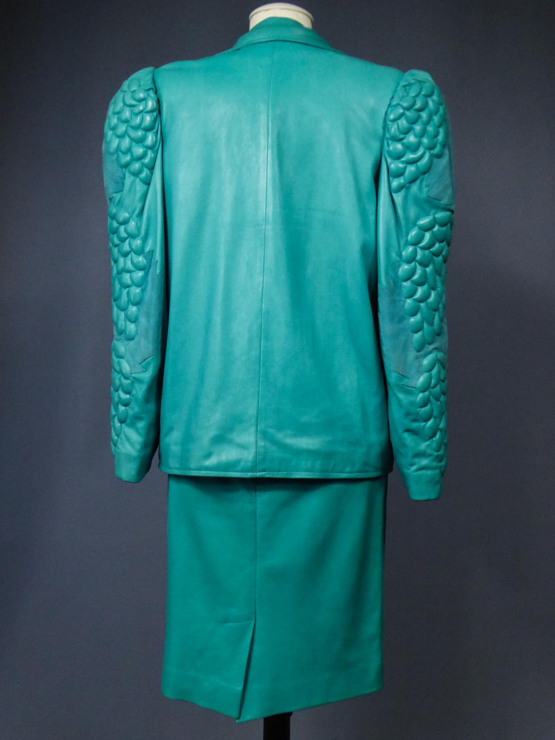A Jean-Claude Jitrois Skirt and Jacket in Turquoise Leather - Fall 1985/1986  For Sale 7