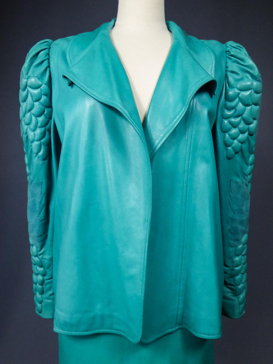 Blue A Jean-Claude Jitrois Skirt and Jacket in Turquoise Leather - Fall 1985/1986  For Sale