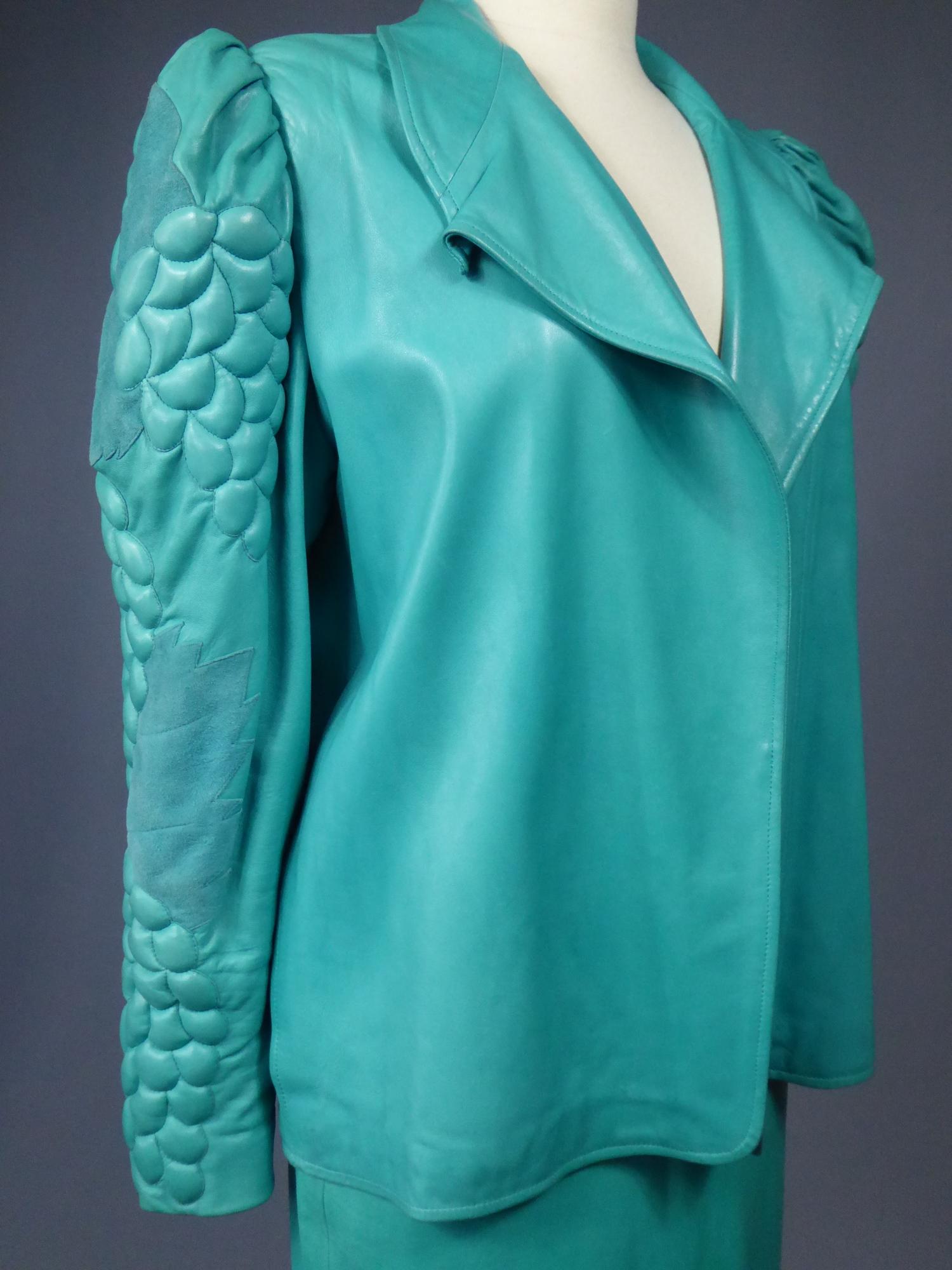 A Jean-Claude Jitrois Skirt and Jacket in Turquoise Leather - Fall 1985/1986  For Sale 1