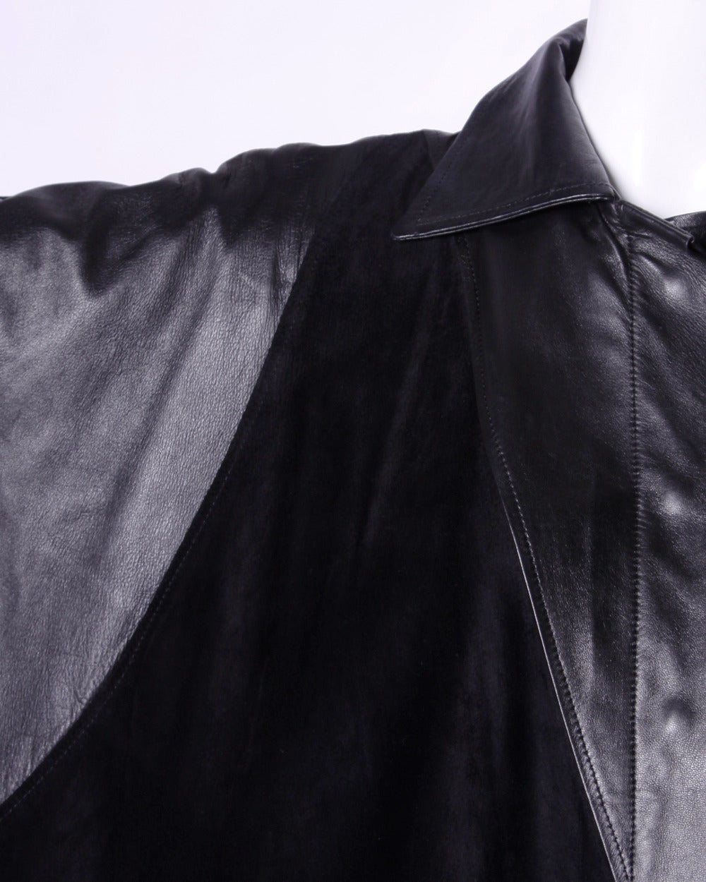 Jean Claude Jitrois Vintage 1980s 80s Black Leather Batwing or Cocoon Coat For Sale 1