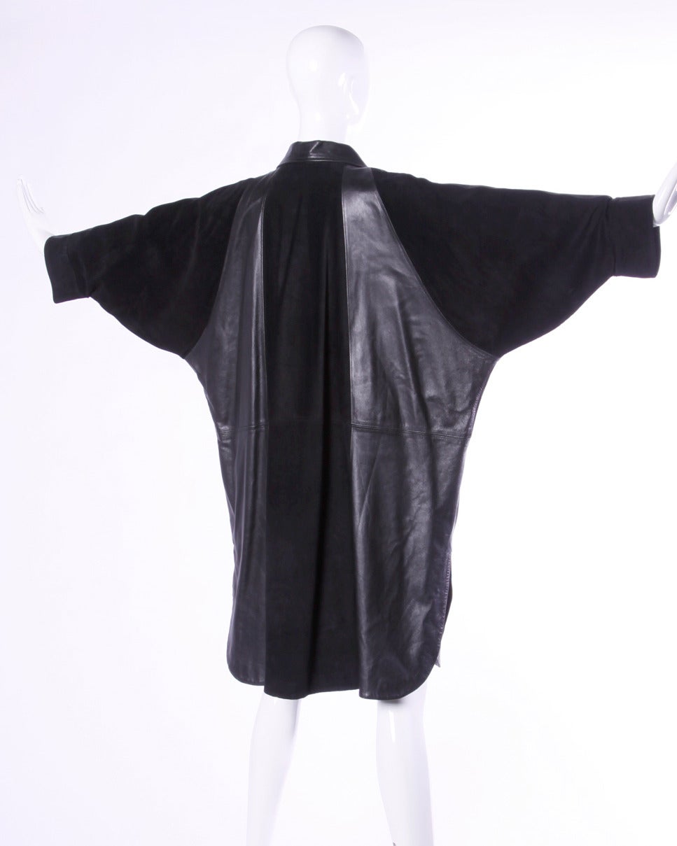Jean Claude Jitrois Vintage 1980s 80s Black Leather Batwing or Cocoon Coat For Sale 2