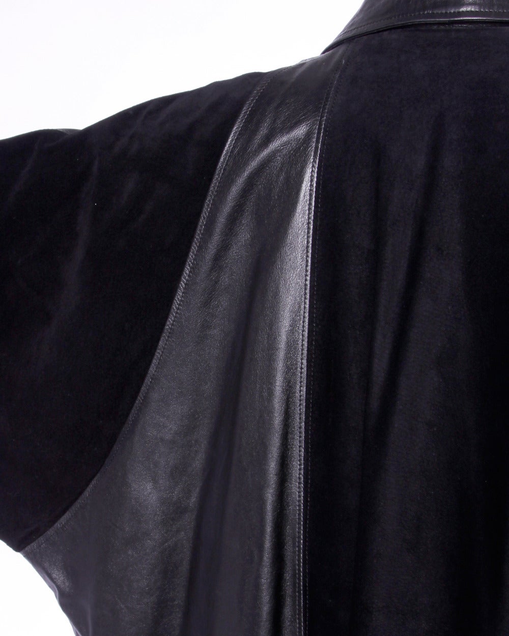 Jean Claude Jitrois Vintage 1980s 80s Black Leather Batwing or Cocoon Coat For Sale 3